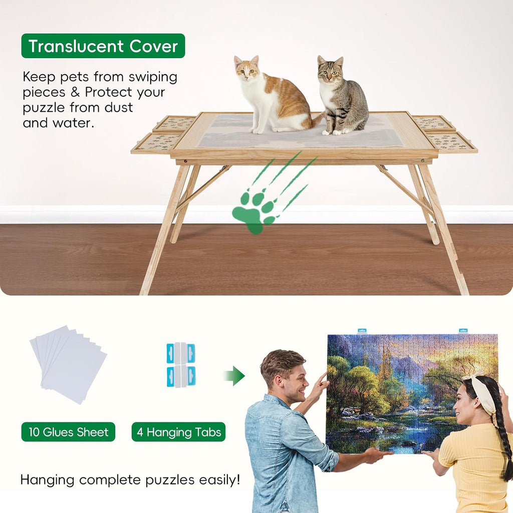 TEAKMAMA 27.6' H Tall 2000 Piece Puzzle Table with Legs, 41' W x 28.5' D Large Wood Folding Jigsaw Puzzle Board with Cover for Adults, 4 Drawers, Nature