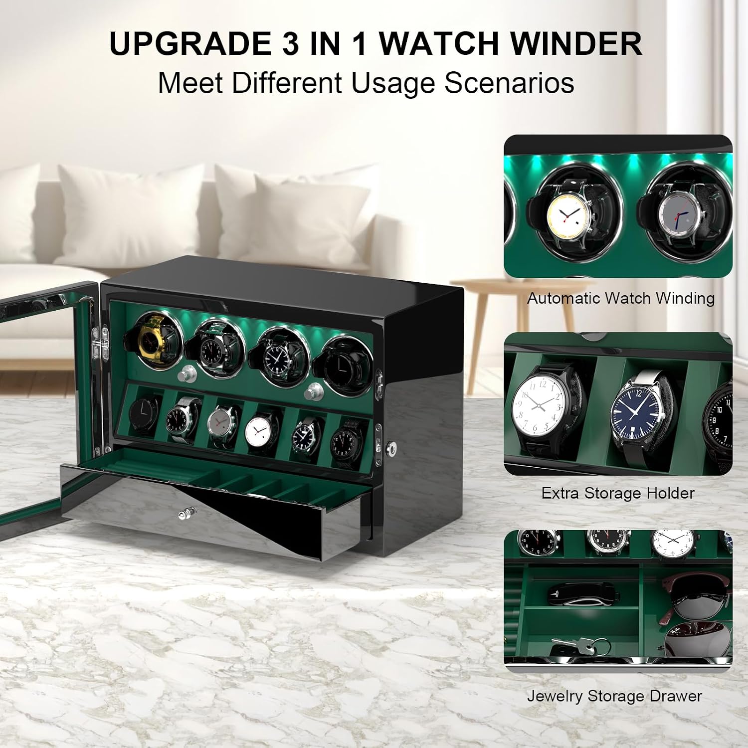 DUKWIN Watch Winder for 4/6/8 Automatic Watches, Lockable Winders with Watch Holders and Jewelry Storage, Super Quiet Motor with High-Gloss Finish, Built-in Illumination