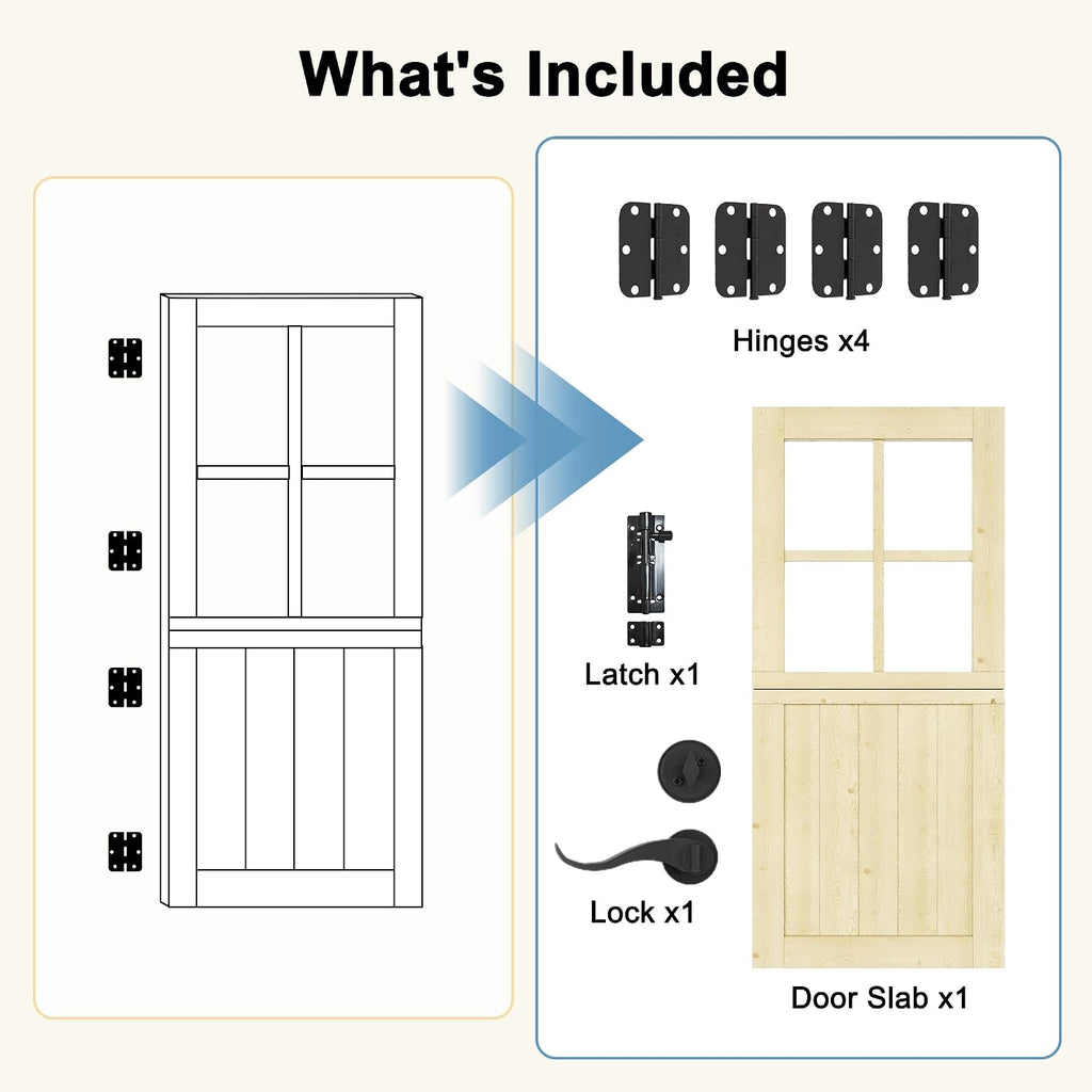36' x 80' Exterior Dutch Entry Door (Front/Outside) - 1.75' Solid Pine with 4-Lite Glass, Half Panel,Interior Doors Slab for Home Entryway/Back w/4 Hinges+1 Latch +1 Slab+1 Lock Set