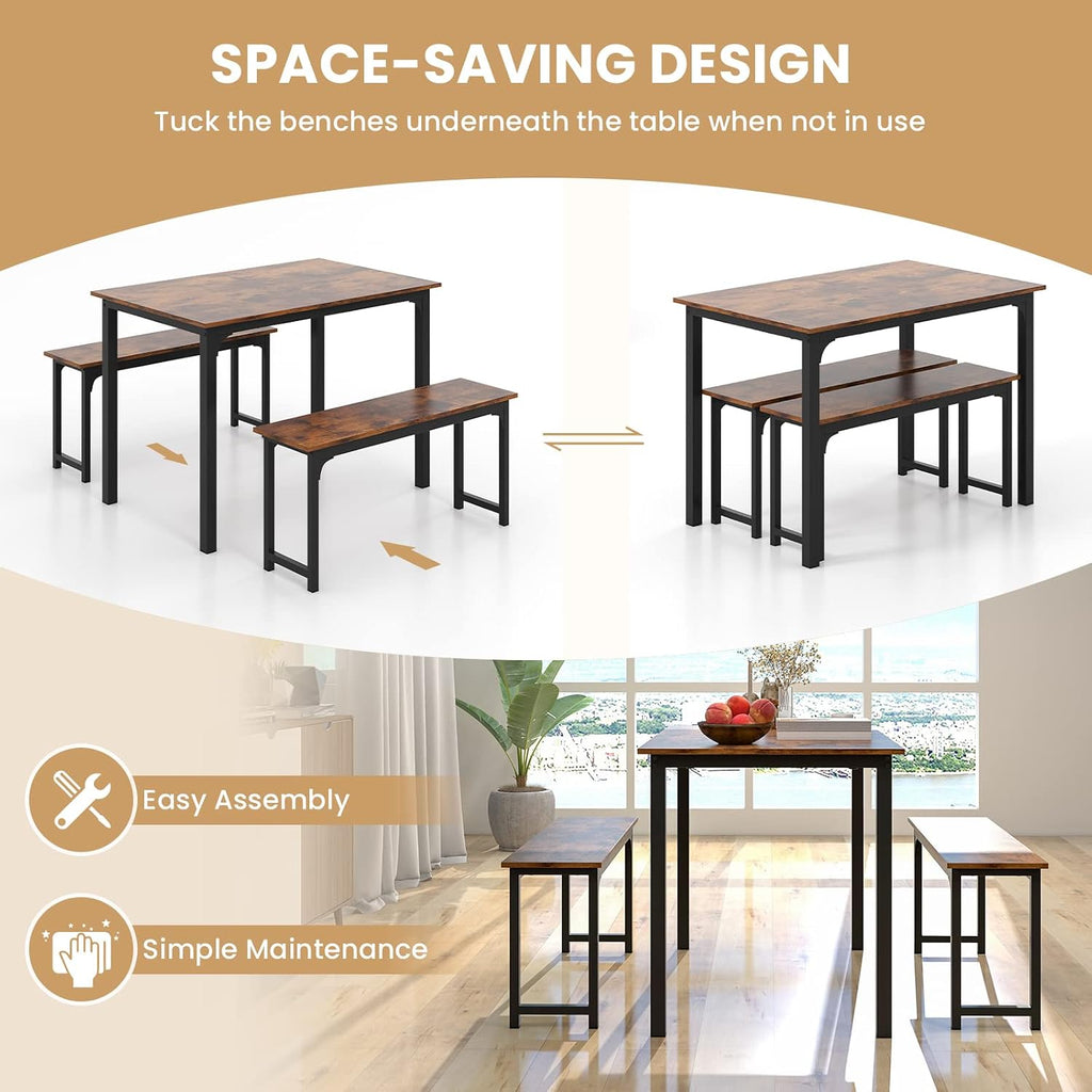 Tangkula 3-Piece Dining Table Set with Bench, Rectangular Kitchen Table with 2 Benches, Metal Frame, Space-Saving Furniture, Modern 4-Person Dinette for Kitchen, Dining Room (Rustic Brown)