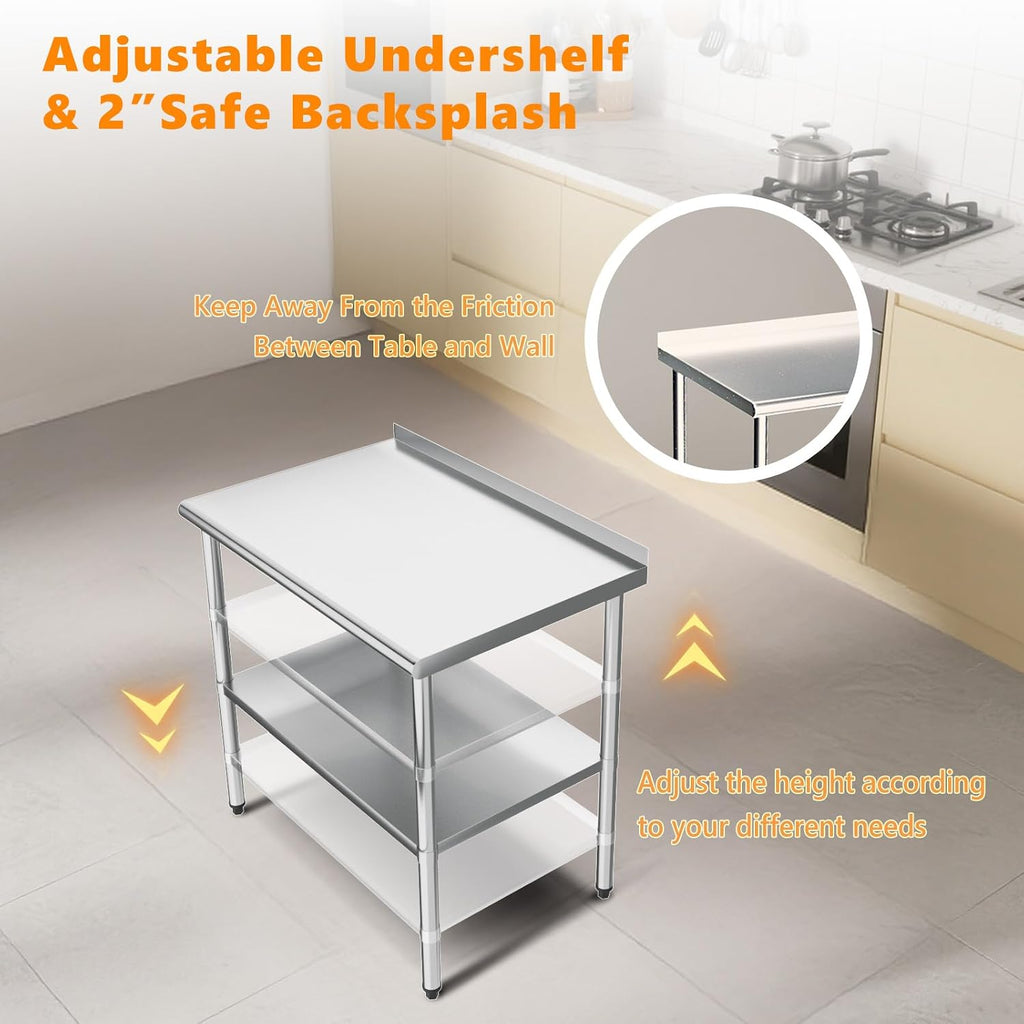 ROVSUN 36'' x 24'' Stainless Steel Table for Prep & Work,Commercial Worktables & Workstations, NSF Heavy Duty Metal Table with Adjustable UnderShelf & Backsplash for Kitchen, Restaurant,Home,Hotel