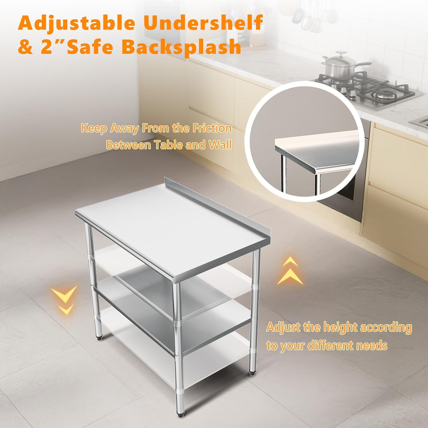 ROVSUN 36'' x 24'' Stainless Steel Table for Prep & Work,Commercial Worktables & Workstations, NSF Heavy Duty Metal Table with Adjustable UnderShelf & Backsplash for Kitchen, Restaurant,Home,Hotel