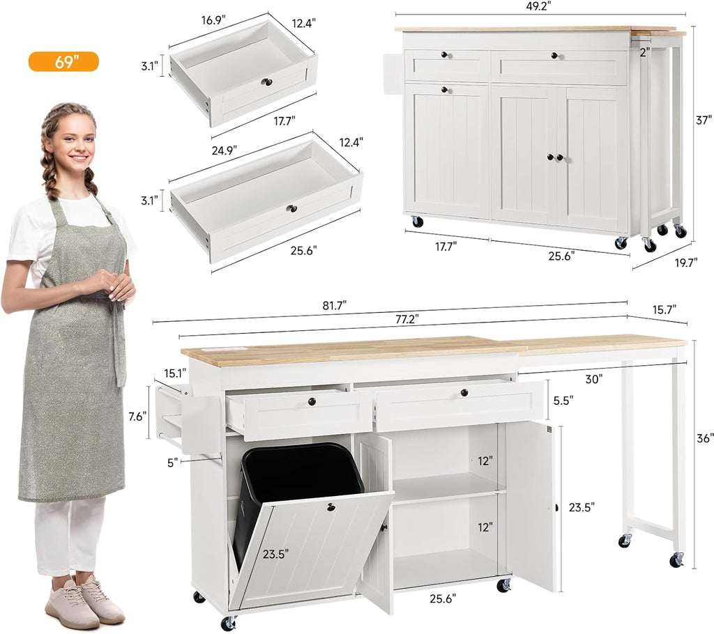 ONBRILL Kitchen Islands with Extendable Dining Table, 81.7' Mobile Kitchen Storage Islands, Rolling Kitchen Cart with Trash Cabinet, Power Outlet, Spice Rack & Towel Rack (White)