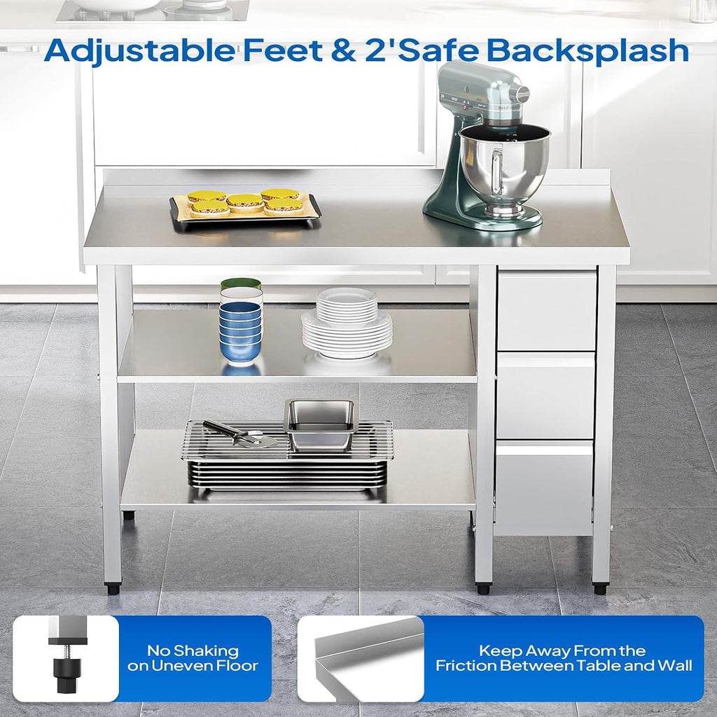 ROVSUN 48 x 24 Inches Stainless Steel Table with 3 Drawers, Heavy Duty Metal Prep & Work Table with Undershelf for Commercial Kitchen, Restaurant, Home, Hotel and Garage