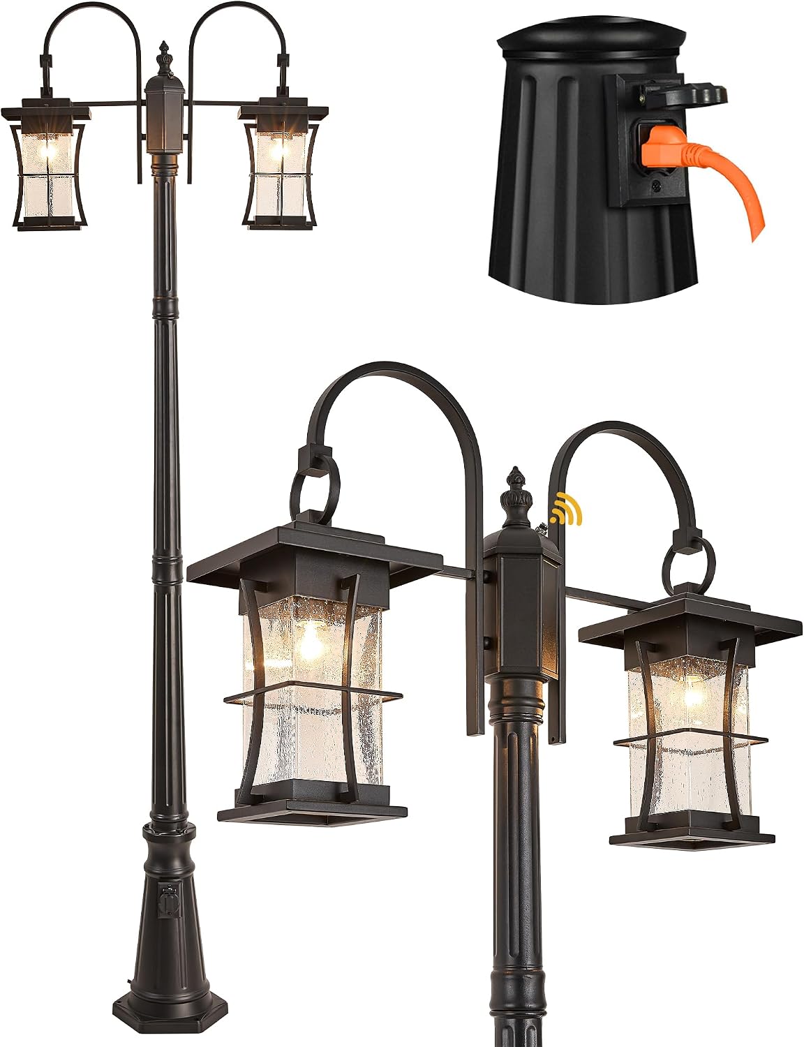 Dusk to Dawn Outdoor Lamp Post Light with Outlet, Electric 2-Head Outdoor Pole Light Farmhouse Street Light Post for Outside Waterproof Black Exterior Pillar Lantern for Garden Patio Driveway