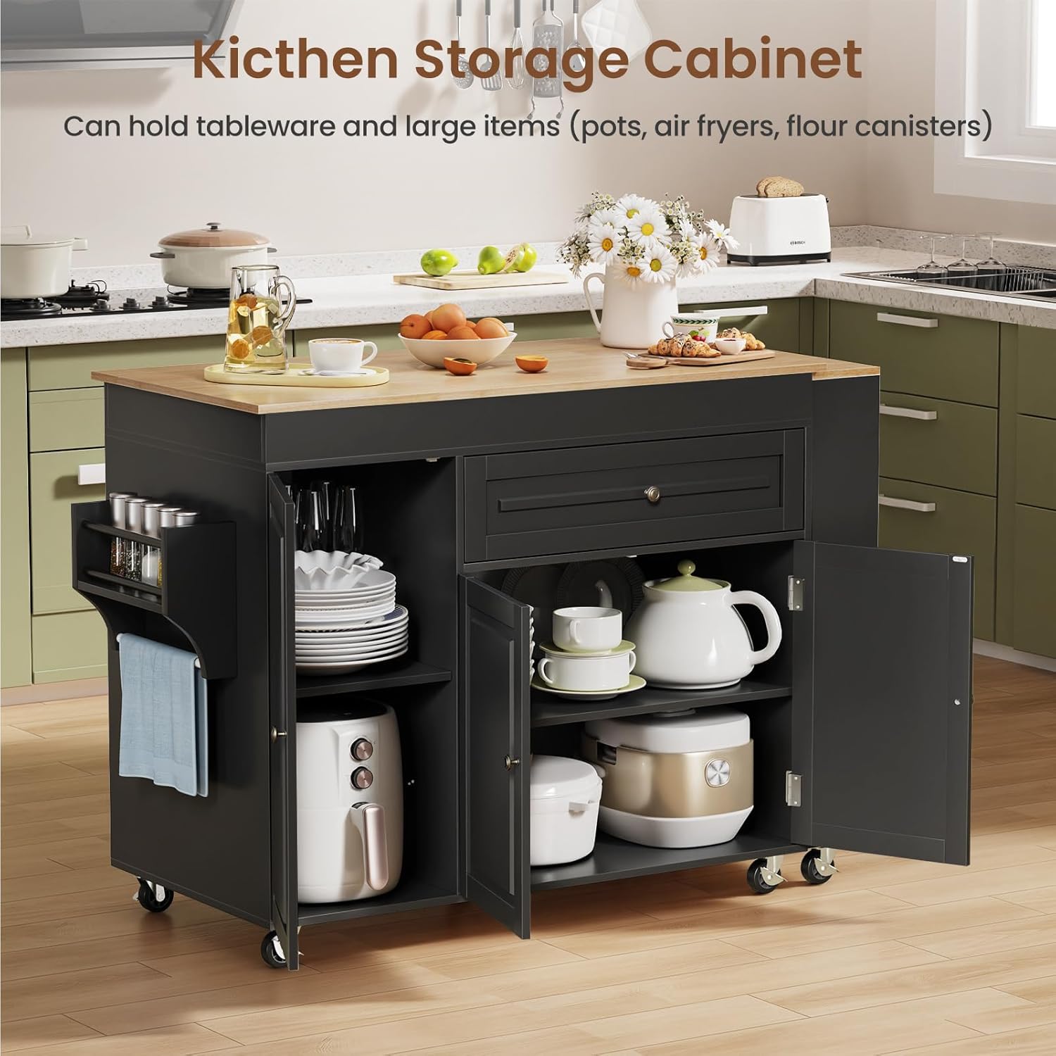 83' Expandable Kitchen Island on Wheels with Storage & Dining Table, Mobile Kitchen Cart with Cabinet, 3 Shelves & Drawers, Black (Extends from 48.4' to 82.6') (Black)