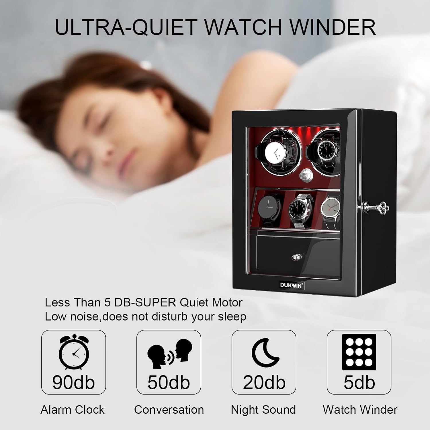 DUKWIN Watch Winder for 4/6/8 Automatic Watches, Lockable Winders with Watch Holders and Jewelry Storage, Super Quiet Motor with High-Gloss Finish, Built-in Illumination
