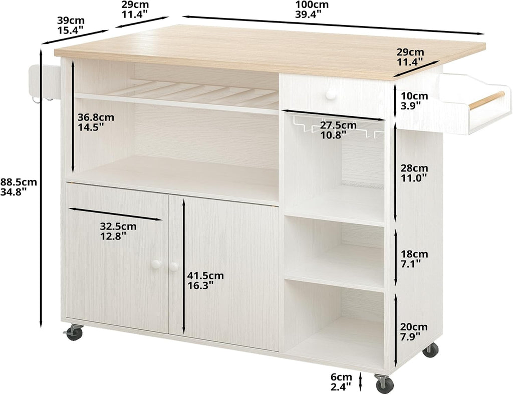 IRONCK Rolling Kitchen Island Cart with Drop-Leaf and Wine Rack, Microwave Rack Serving Cart on Wheels with Drawer & Shelves & Spice Rack & Cup Hanging, White