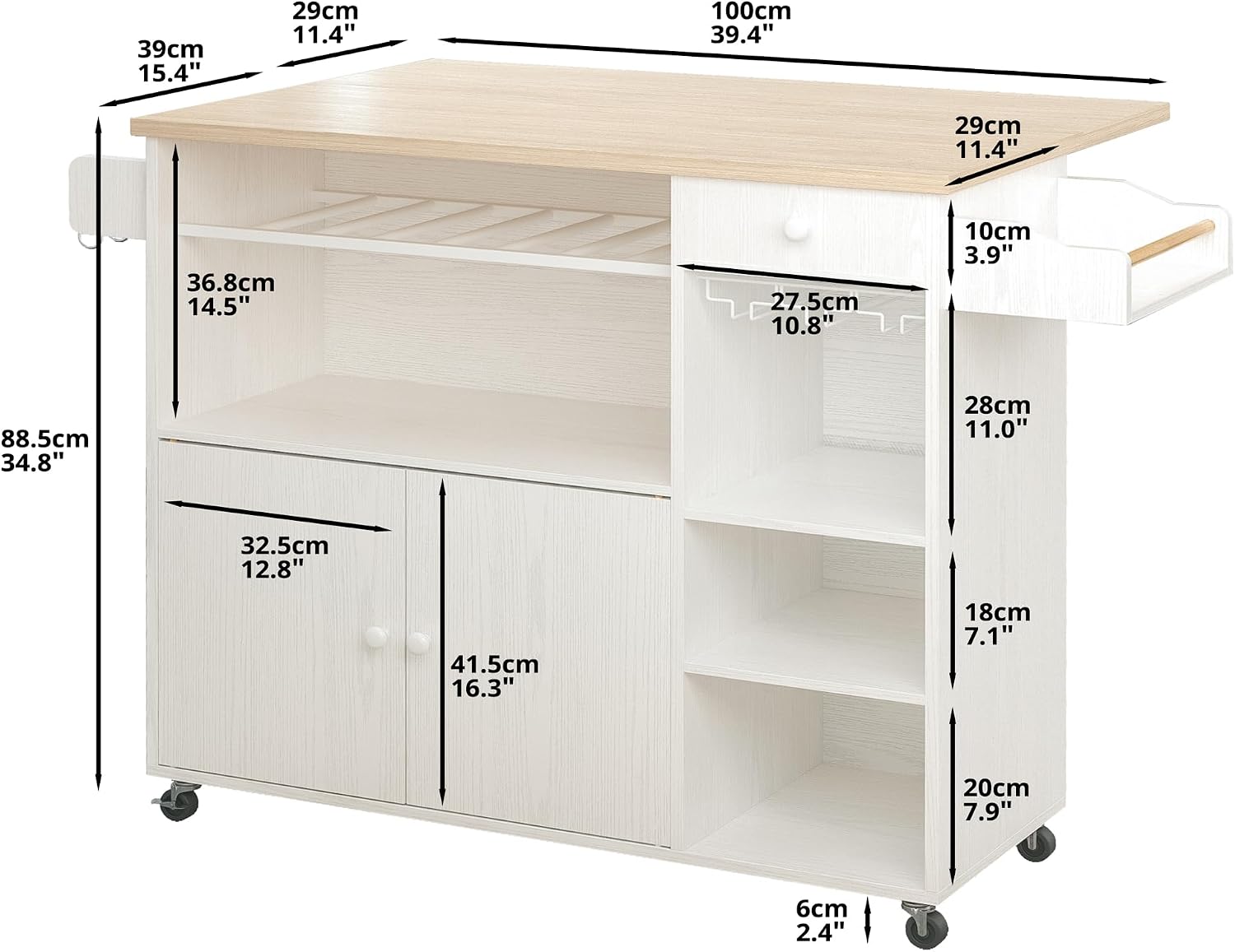 IRONCK Rolling Kitchen Island Cart with Drop-Leaf and Wine Rack, Microwave Rack Serving Cart on Wheels with Drawer & Shelves & Spice Rack & Cup Hanging, White