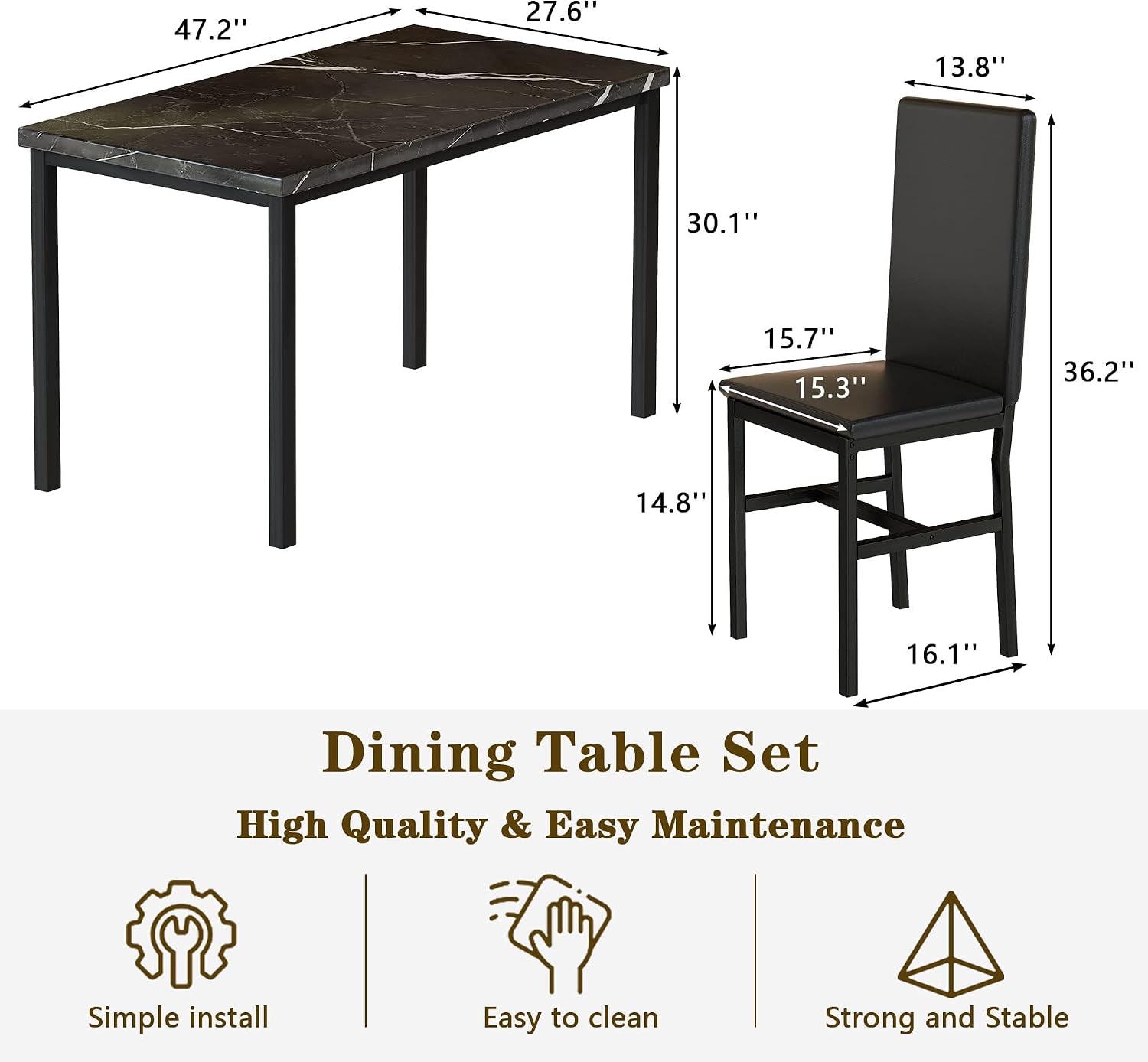 Hooseng Dining Table Set for 4, Modern Faux Marble Kitchen Table with 4 PU Leather Chairs, 5 Piece Dining Room Sets for Dinette, Breakfast Nook, Black