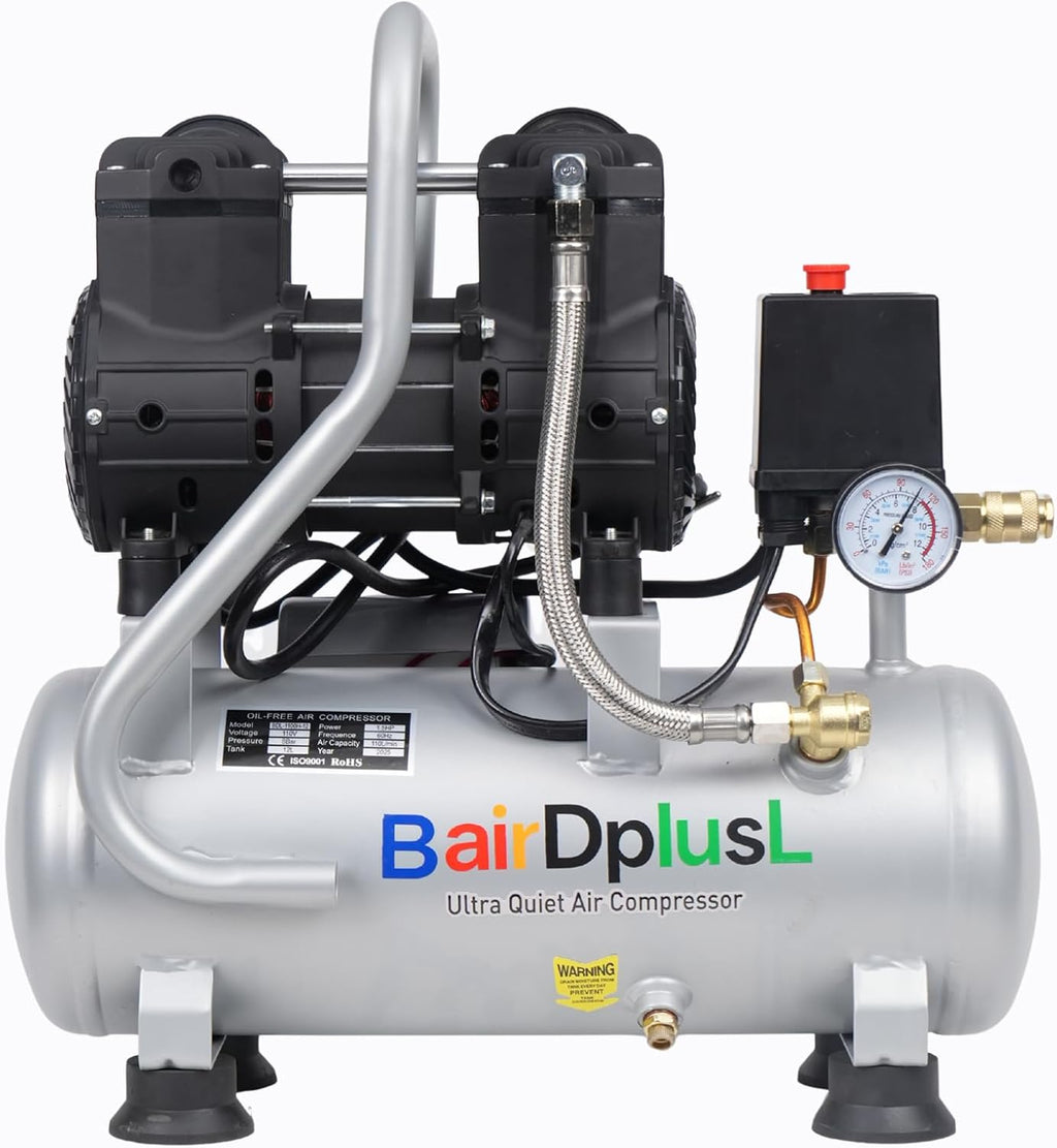 BairDplusL 3.2 Gallon Ultra Quiet Air Compressor 110V/60Hz 1.5HP 8.8CFM, MAX 115PSI Steel Tanks Oil-Free 70dB Noise Level Light & Quiet Portable Air Compressor for Auto Repair Spray Painting