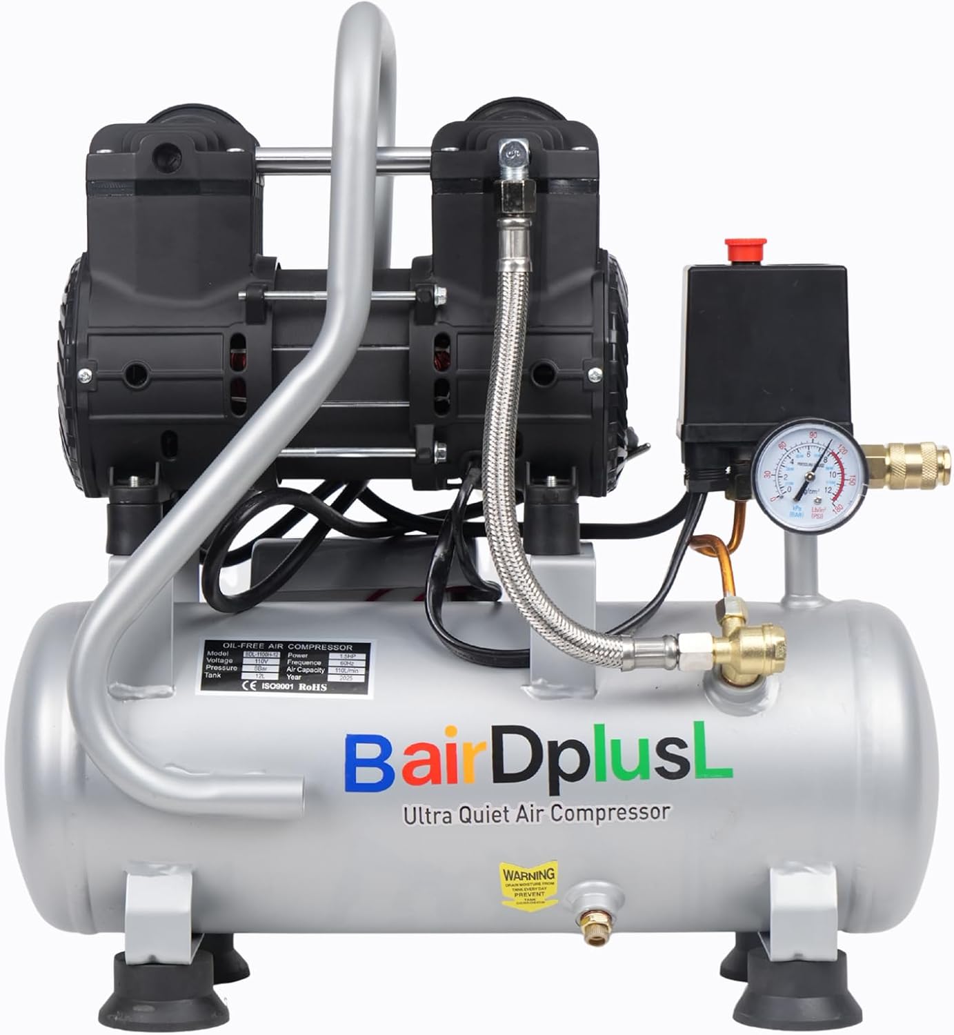 BairDplusL 3.2 Gallon Ultra Quiet Air Compressor 110V/60Hz 1.5HP 8.8CFM, MAX 115PSI Steel Tanks Oil-Free 70dB Noise Level Light & Quiet Portable Air Compressor for Auto Repair Spray Painting