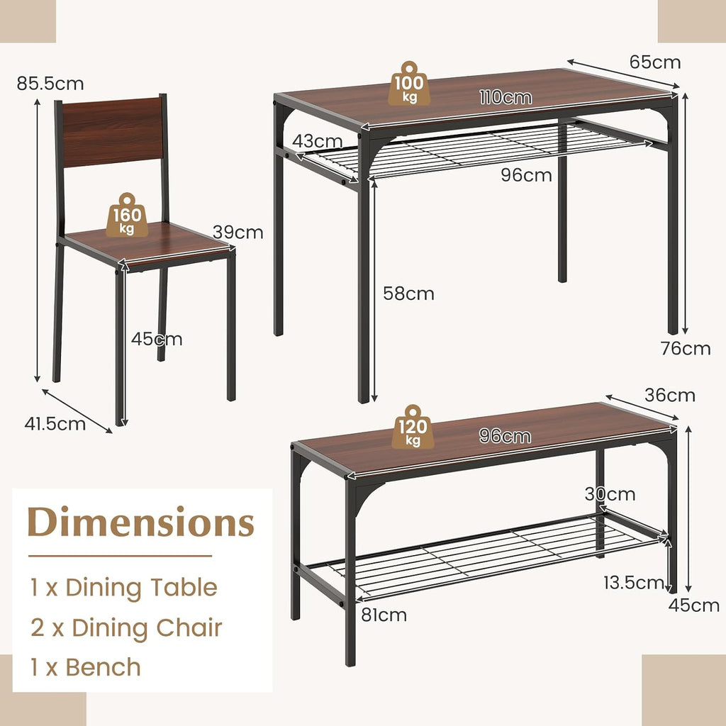 COSTWAY 4 Pieces Dining Table Set, Kitchen Table and 2 Chairs for 4 with Bench, Storage Racks, Metal Frame & Space-Saving Design, Industrial Kitchen Table Set for Small Space, Apartment (Walnut)