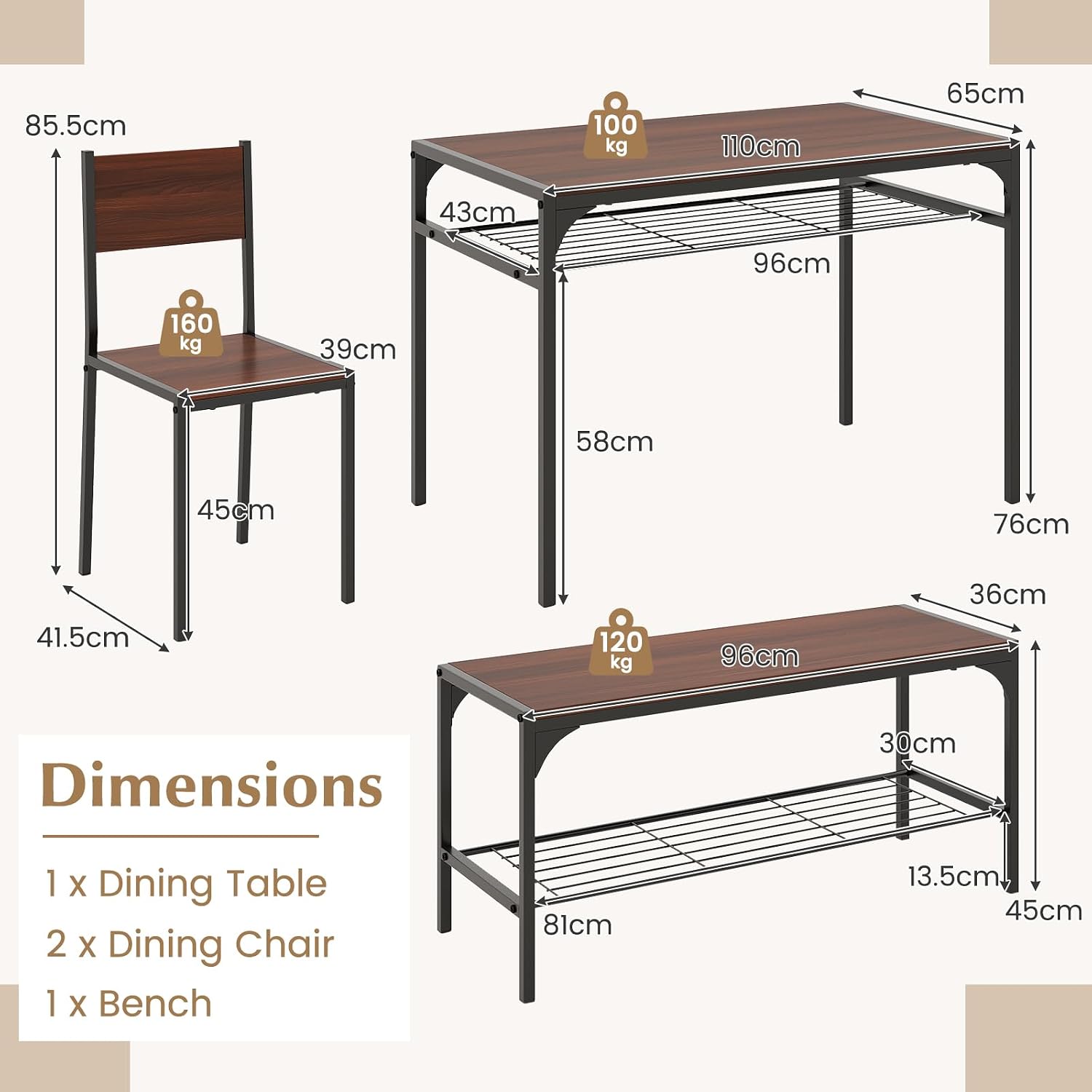 COSTWAY 4 Pieces Dining Table Set, Kitchen Table and 2 Chairs for 4 with Bench, Storage Racks, Metal Frame & Space-Saving Design, Industrial Kitchen Table Set for Small Space, Apartment (Walnut)