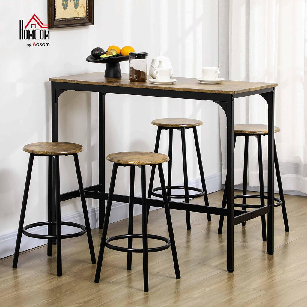 HOMCOM 5-Piece Counter Height Bar Table Set, Rustic 43.25' Dining Table with 4 Bar Stools, Kitchen Table with Wooden Top for Pub, Dining Room, Rustic Brown