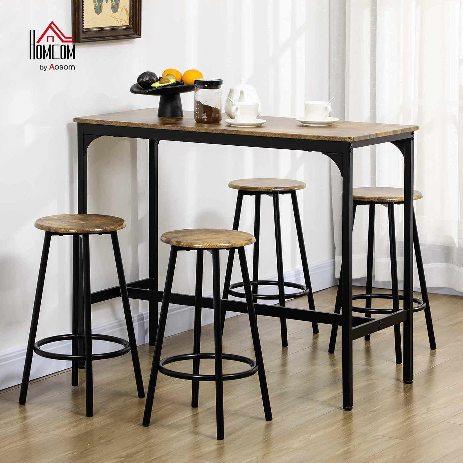 HOMCOM 5-Piece Counter Height Bar Table Set, Rustic 43.25' Dining Table with 4 Bar Stools, Kitchen Table with Wooden Top for Pub, Dining Room, Rustic Brown