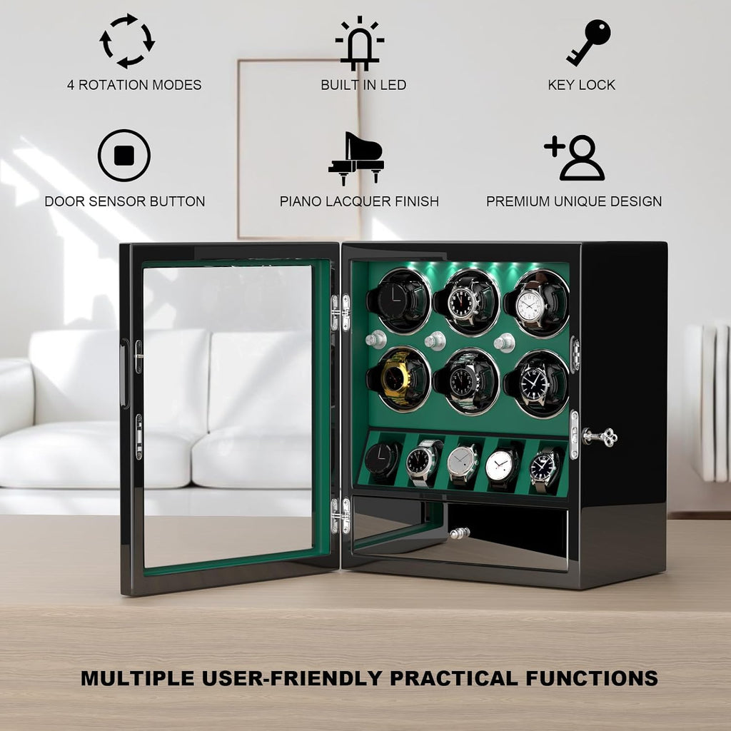 DUKWIN Watch Winder for 4/6/8 Automatic Watches, Lockable Winders with Watch Holders and Jewelry Storage, Super Quiet Motor with High-Gloss Finish, Built-in Illumination