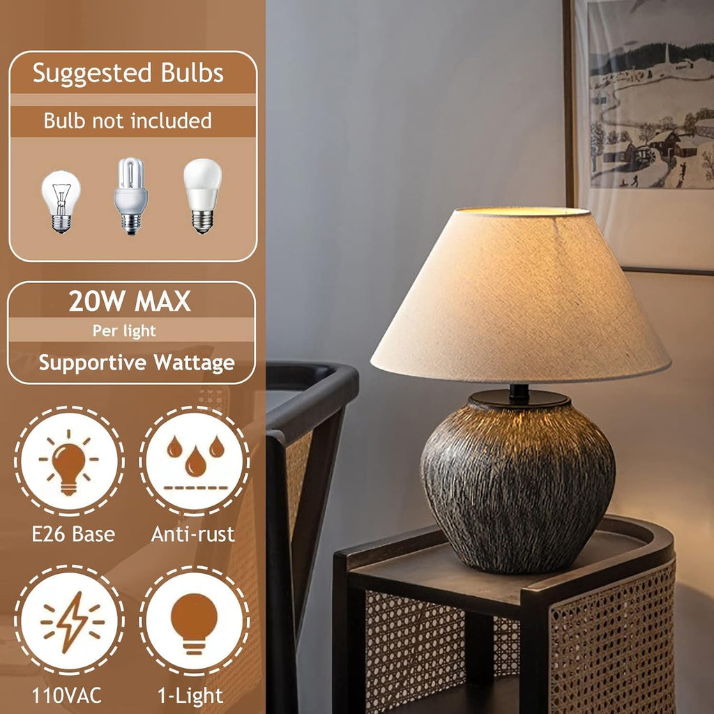 Rustic Farmhouse Table Lamp 20.8' Neutral Ceramic Table Lamp Brown White Checkered Ceramic with Linen Drum Shade Decor Bedside Nightstand for Living Room Bedroom (Small)