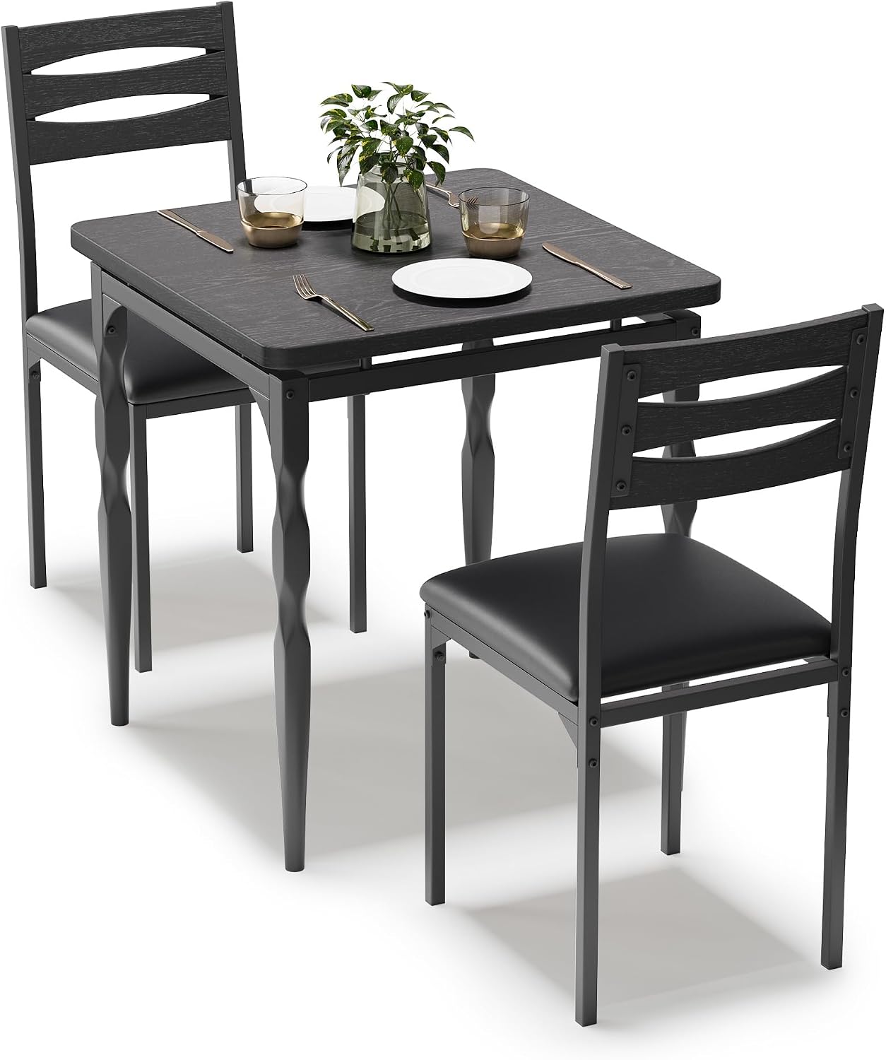 GarveeHome Dining Table Set for 2, Dining Table and Chairs Set of 2, 3 Piece Dining Table Set with Spiral Table Legs for Small Spaces, Kitchen, Apartment, Black