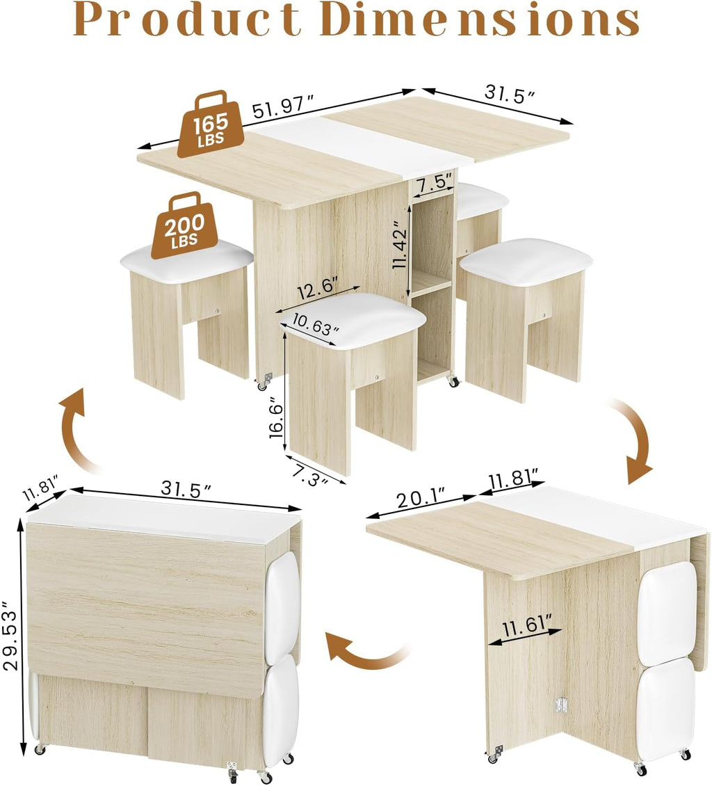 AWQM Foldable Dining Table Set for 4,Folding Dining Table with 4 Leather Chairs & Storage,Drop Leaf Dinner Table with 6 Wheels,Folding Kitchen Table and Chairs Set for Small Spaces,Beige