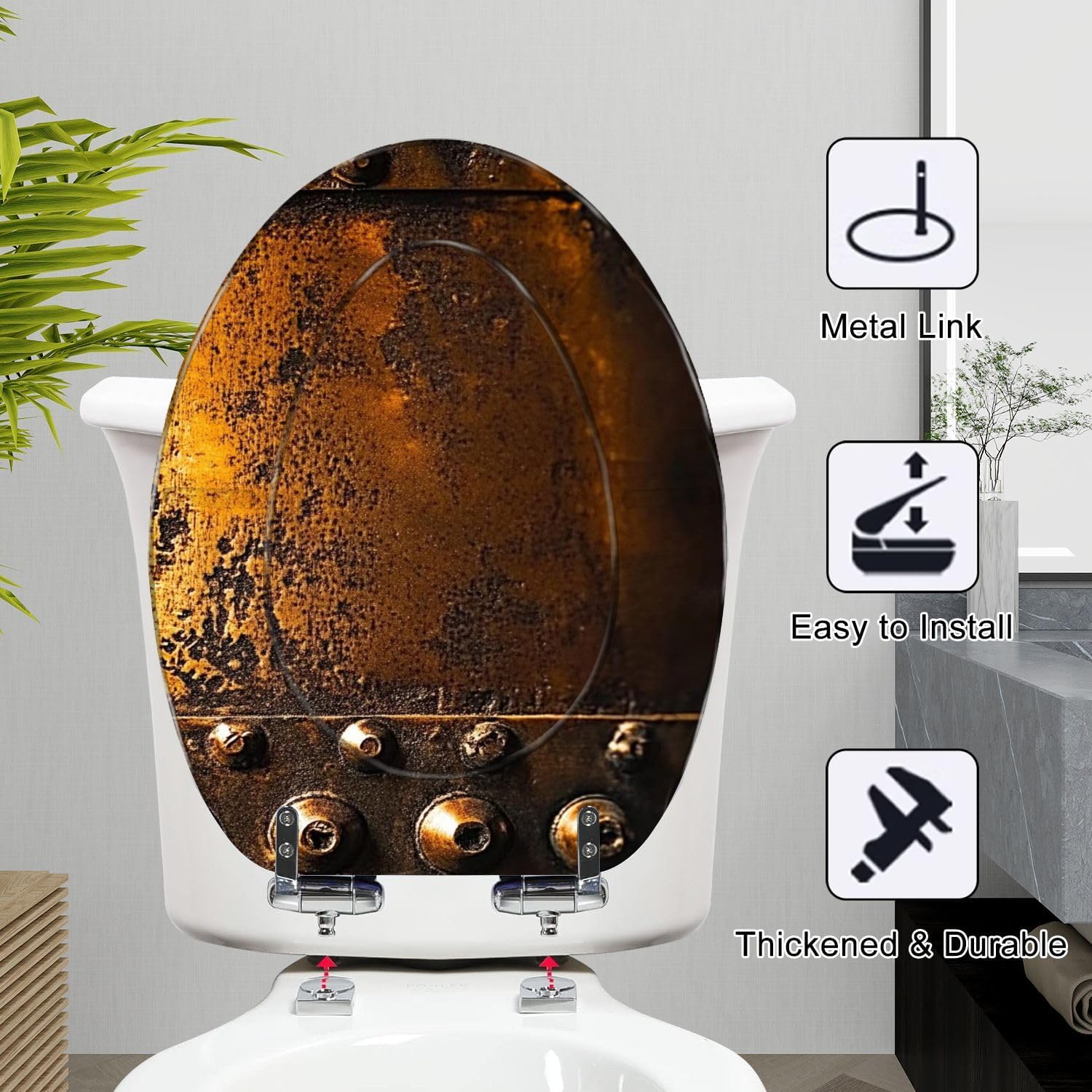 Elongated Toilet Seat Scratched Copper Rivets Resin Toilet Seat Slow Quiet Close with Quick-Release Hinges Toilet Seat with Cover Easy to Clean Install