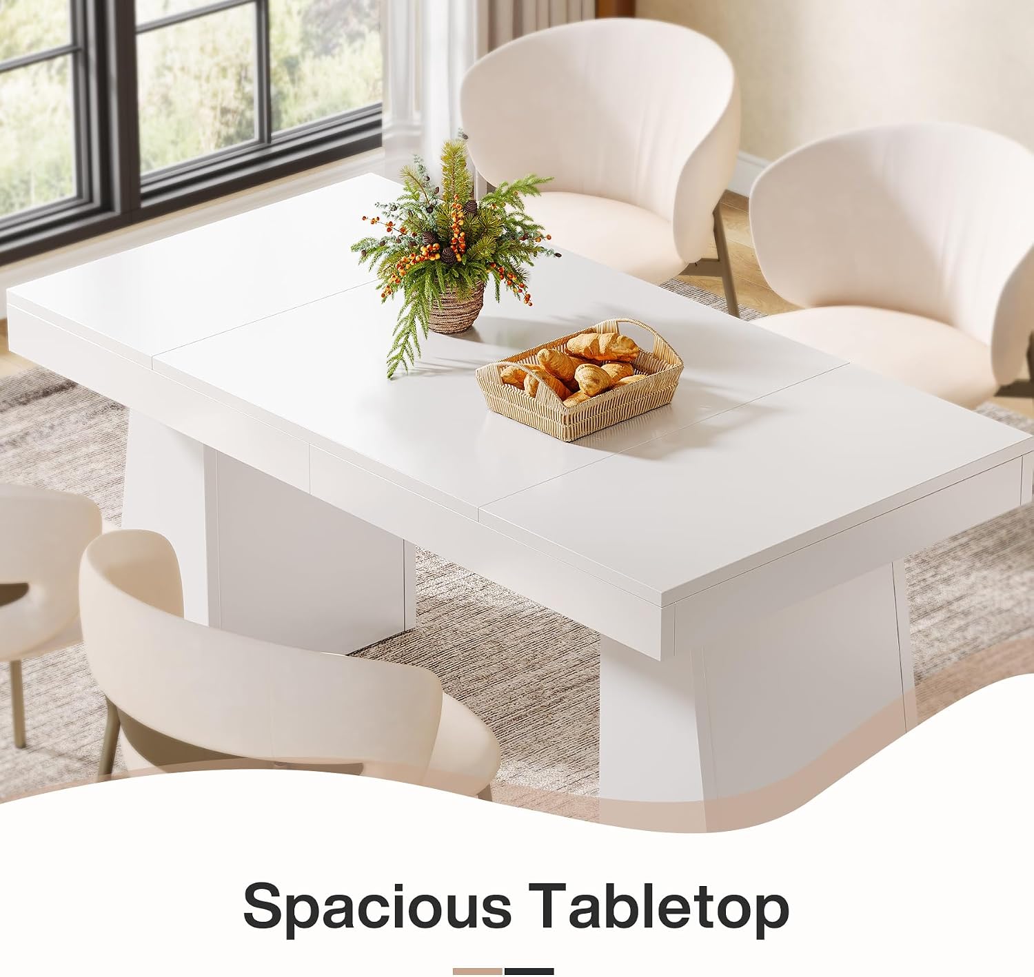 Tribesigns 55-Inch Dining Room Table for 4, Mid-Century Modern Dining Table with Double Pedstral, Rectangular Wood Kitchen Dinner Tables for Dining Room, Kitchen, Home, White (Only Table)