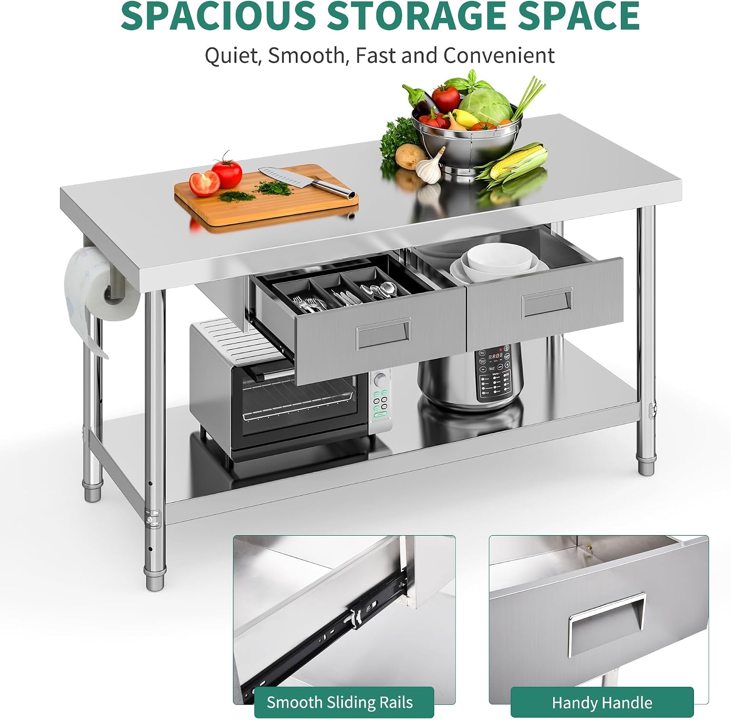 YITAHOME 60' X 24' Stainless Steel Table with Paper Towel Holder and 2 Drawers, NSF Work Table with Drawer, Metal Table Prep Table for Home Kitchen Restaurant Garage Warehouse
