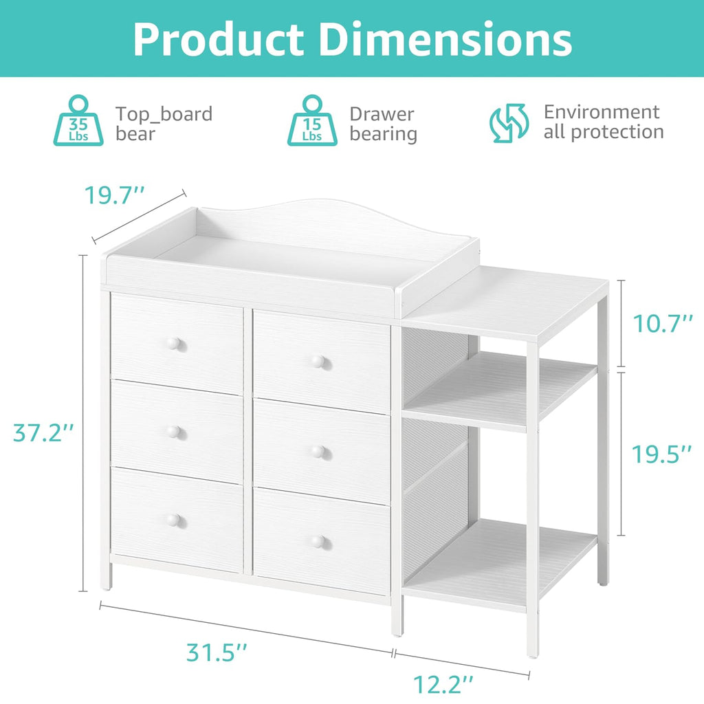 BOLUO Baby Dresser with Changing Table Top, White Changing Table Dresser with 6 Fabric Drawers Diaper Changing Station with Storage Shelf for Nursery Modern