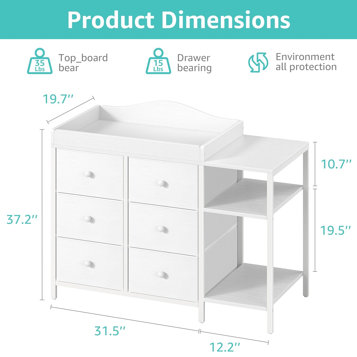 BOLUO Baby Dresser with Changing Table Top, White Changing Table Dresser with 6 Fabric Drawers Diaper Changing Station with Storage Shelf for Nursery Modern