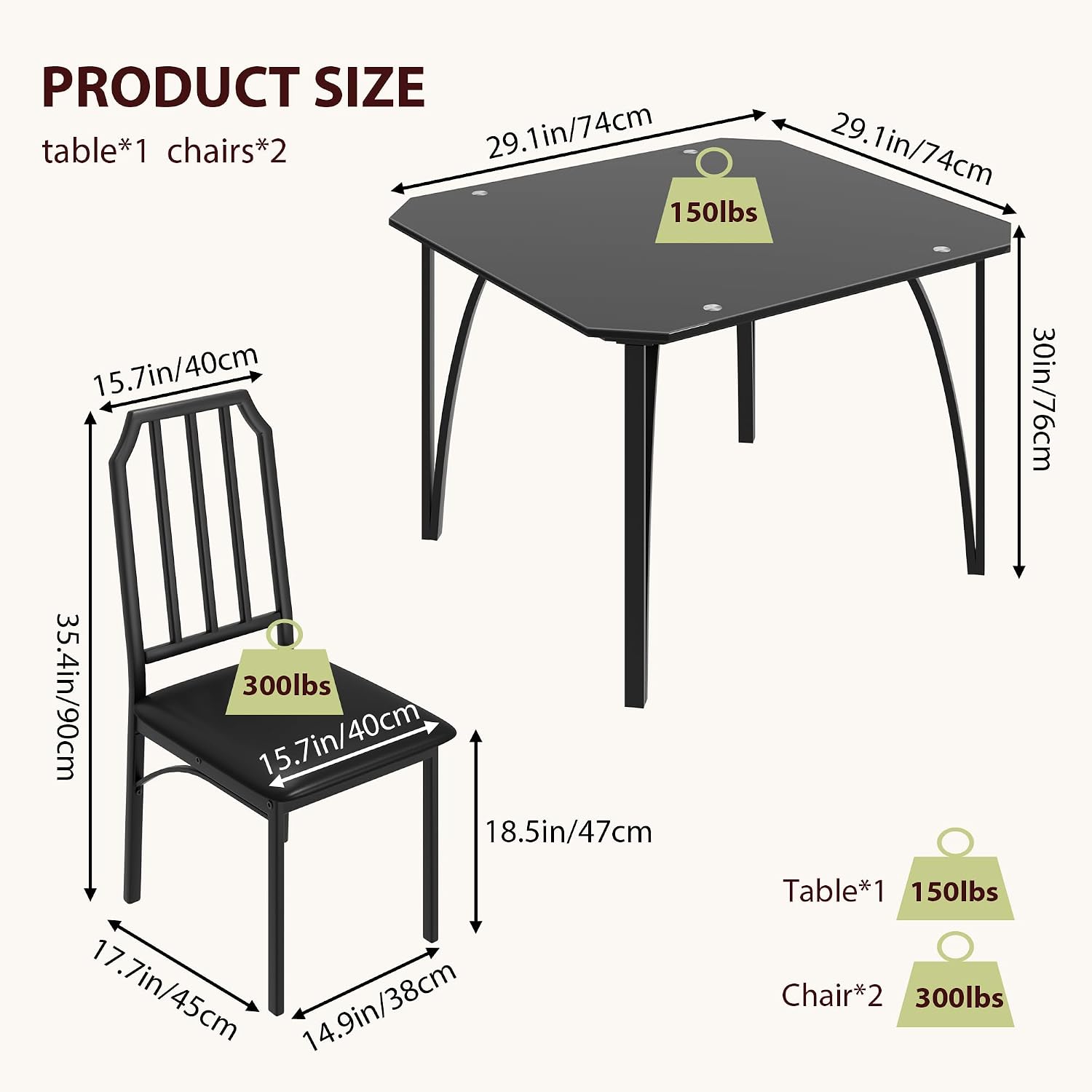 IDEALHOUSE Dining Table Set for 2, Kitchen Table Set of 2 with Upholstered Cushion Chairs, Dining Room Table Set for 2 with Kitchen Chairs, Easy to Assemble, Suitable for Apartment - (Shadow Glass)