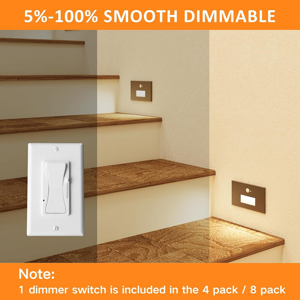 8 Pack Motion Sensor LED Step Lights, 3CCT 120V Hardwired Indoor Outdoor Stair Light, 3.5W 150LM 5%-100% Dimmable Waterproof Staircase Light, 3000K/4000K/6000K, Dimmer Switch, ETL, Black
