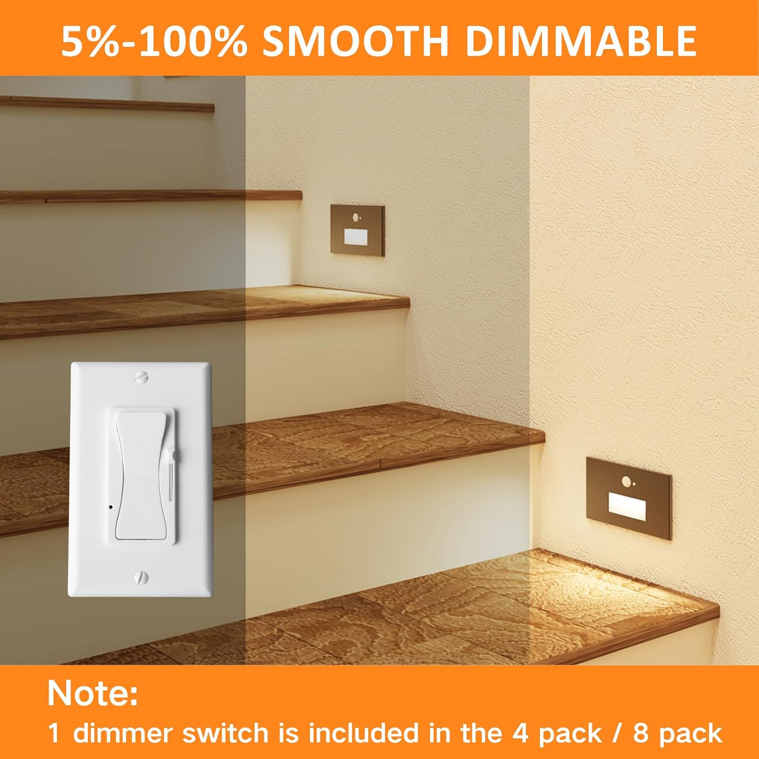 8 Pack Motion Sensor LED Step Lights, 3CCT 120V Hardwired Indoor Outdoor Stair Light, 3.5W 150LM 5%-100% Dimmable Waterproof Staircase Light, 3000K/4000K/6000K, Dimmer Switch, ETL, Black