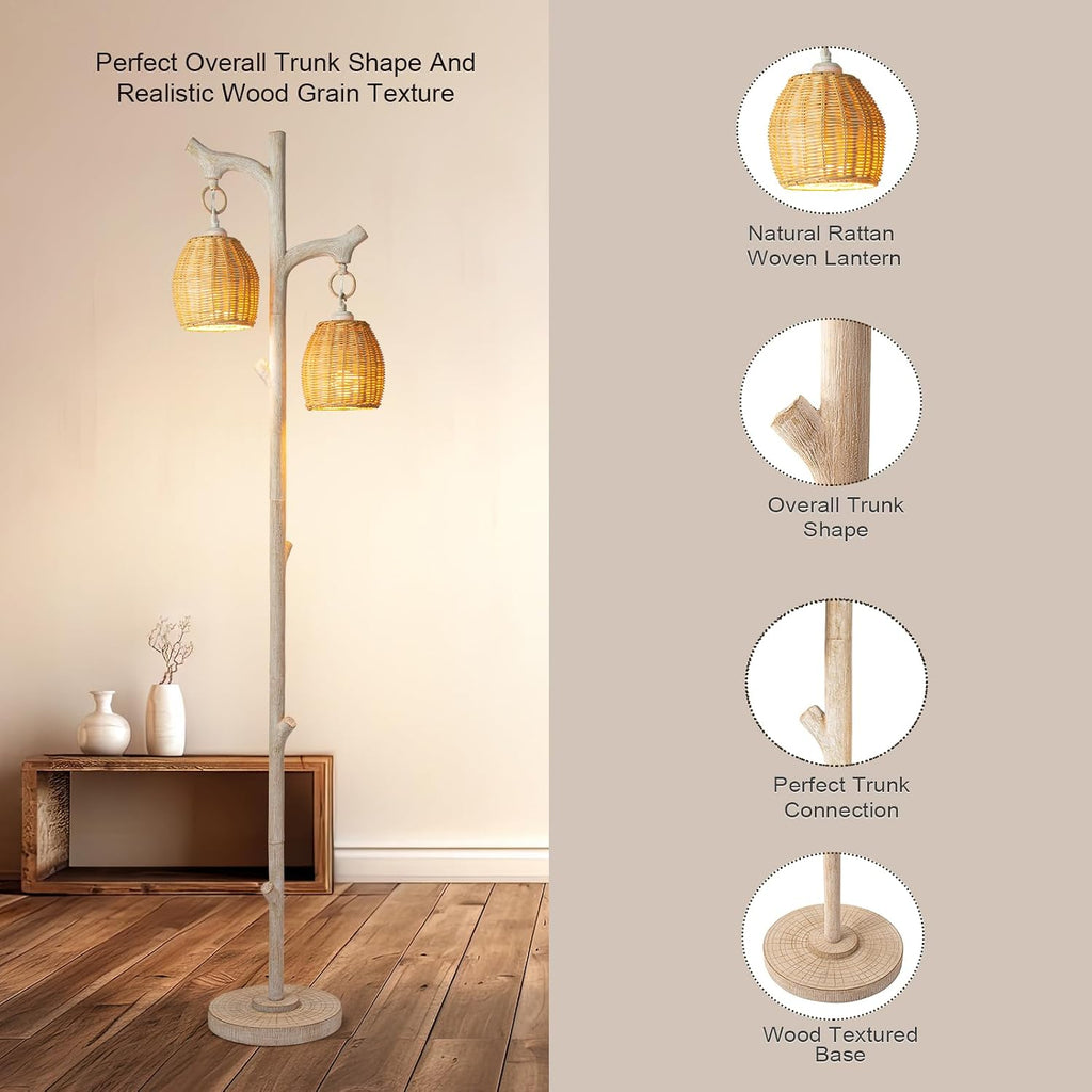 Scenekoy 68' High Farmhouse Rustic Country Cottage Floor Lamp Tree Trunk Faux Wood Column White Washed Wicker Drum Shade Decor for Living Room Bedroom Reading Room