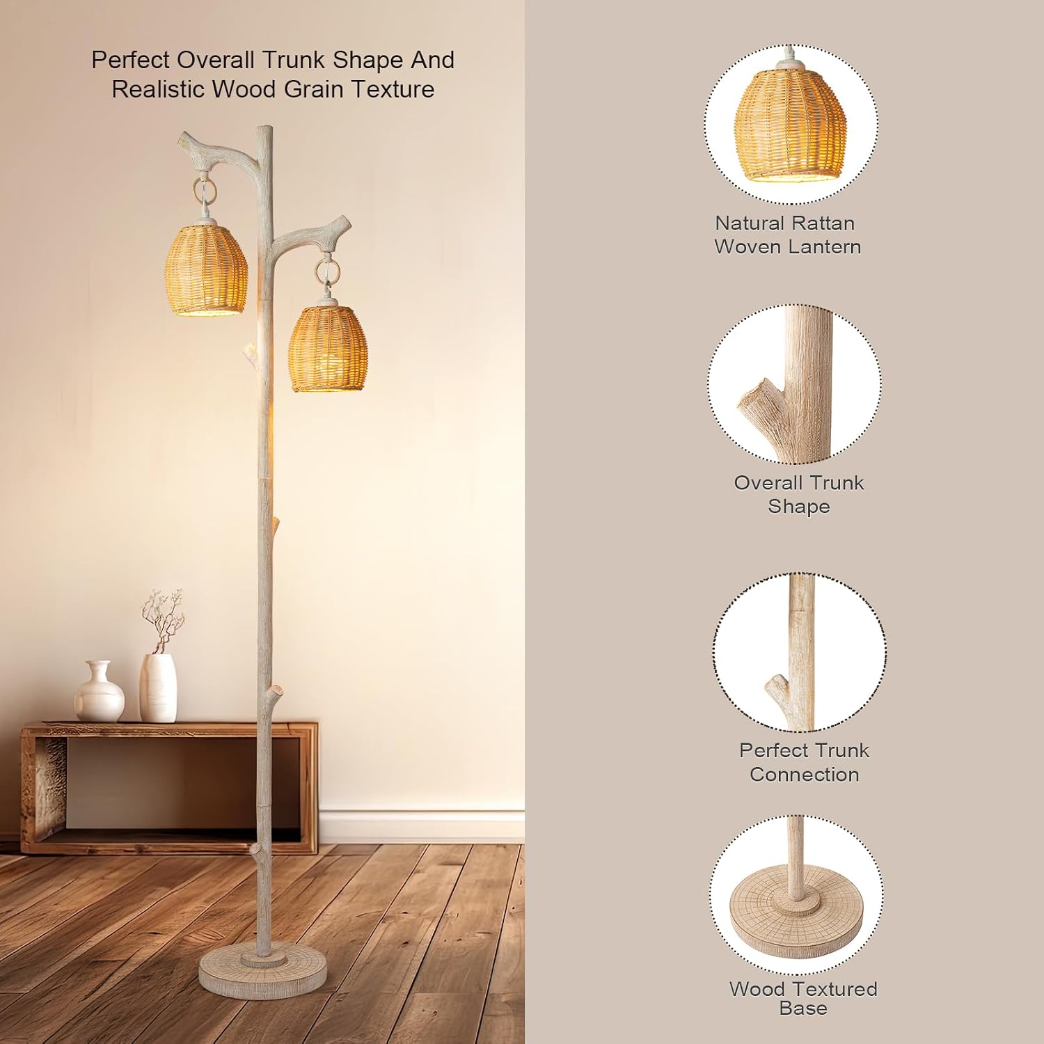 Scenekoy 68' High Farmhouse Rustic Country Cottage Floor Lamp Tree Trunk Faux Wood Column White Washed Wicker Drum Shade Decor for Living Room Bedroom Reading Room