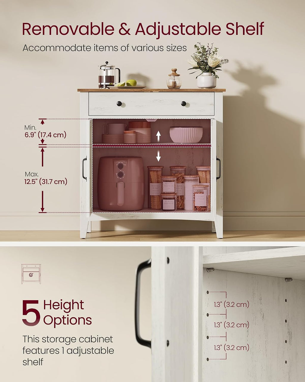 VASAGLE LIRY Collection - Buffet Cabinet, Coffee Bar Cabinet with a Drawer, Adjustable Shelf, Sideboard Storage with Cable Hole, Drawer Divider, Rustic White and Honey Brown UBBK341W01