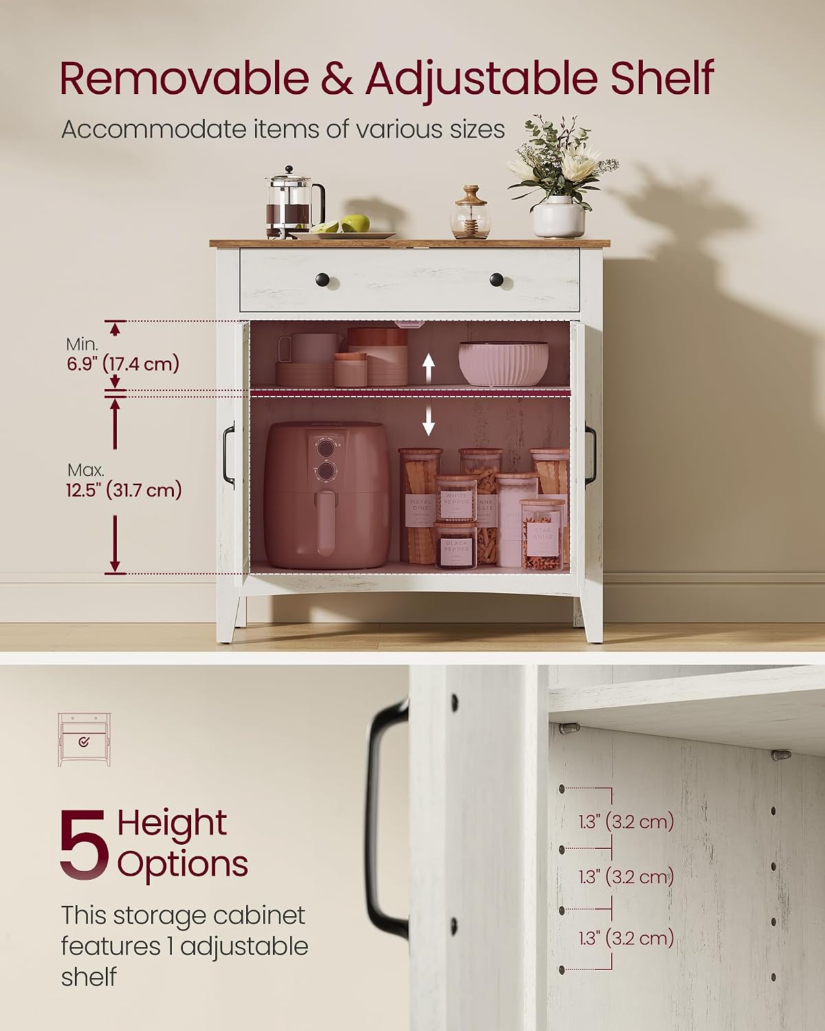 VASAGLE LIRY Collection - Buffet Cabinet, Coffee Bar Cabinet with a Drawer, Adjustable Shelf, Sideboard Storage with Cable Hole, Drawer Divider, Rustic White and Honey Brown UBBK341W01