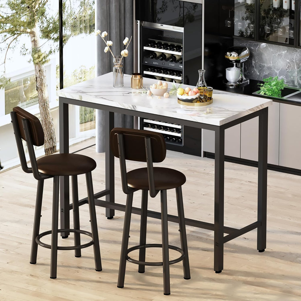 AWQM 3 Piece Bar Table Set of 2,39.3' Pub Bar Table and Chairs Set,Faux Marble Bar Height Table with 2 Backrest Stools,Small Dining Table for 2,Kitchen Table Set for Small Space,White & Brown(2 Set)