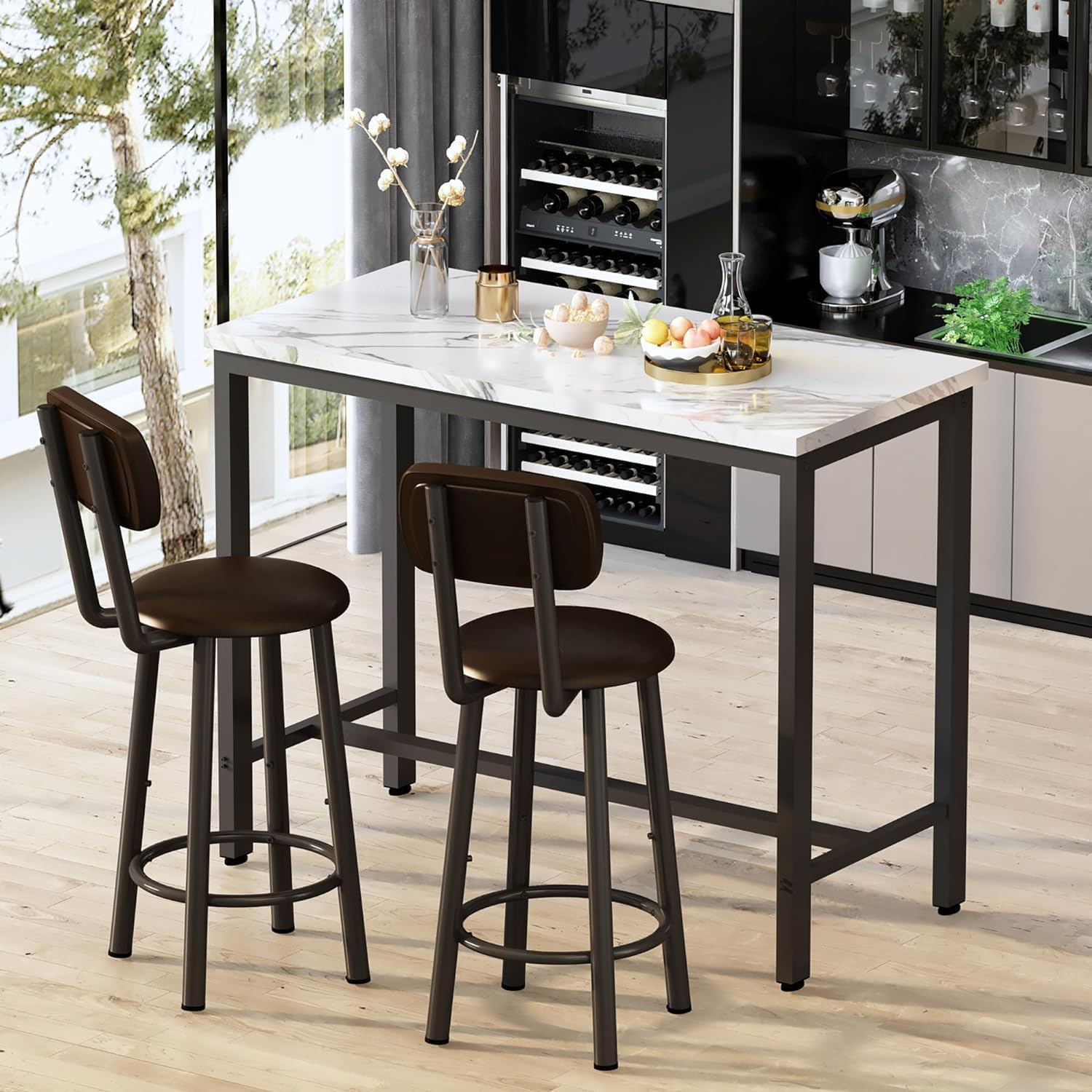 AWQM 3 Piece Bar Table Set of 2,39.3' Pub Bar Table and Chairs Set,Faux Marble Bar Height Table with 2 Backrest Stools,Small Dining Table for 2,Kitchen Table Set for Small Space,White & Brown(2 Set)