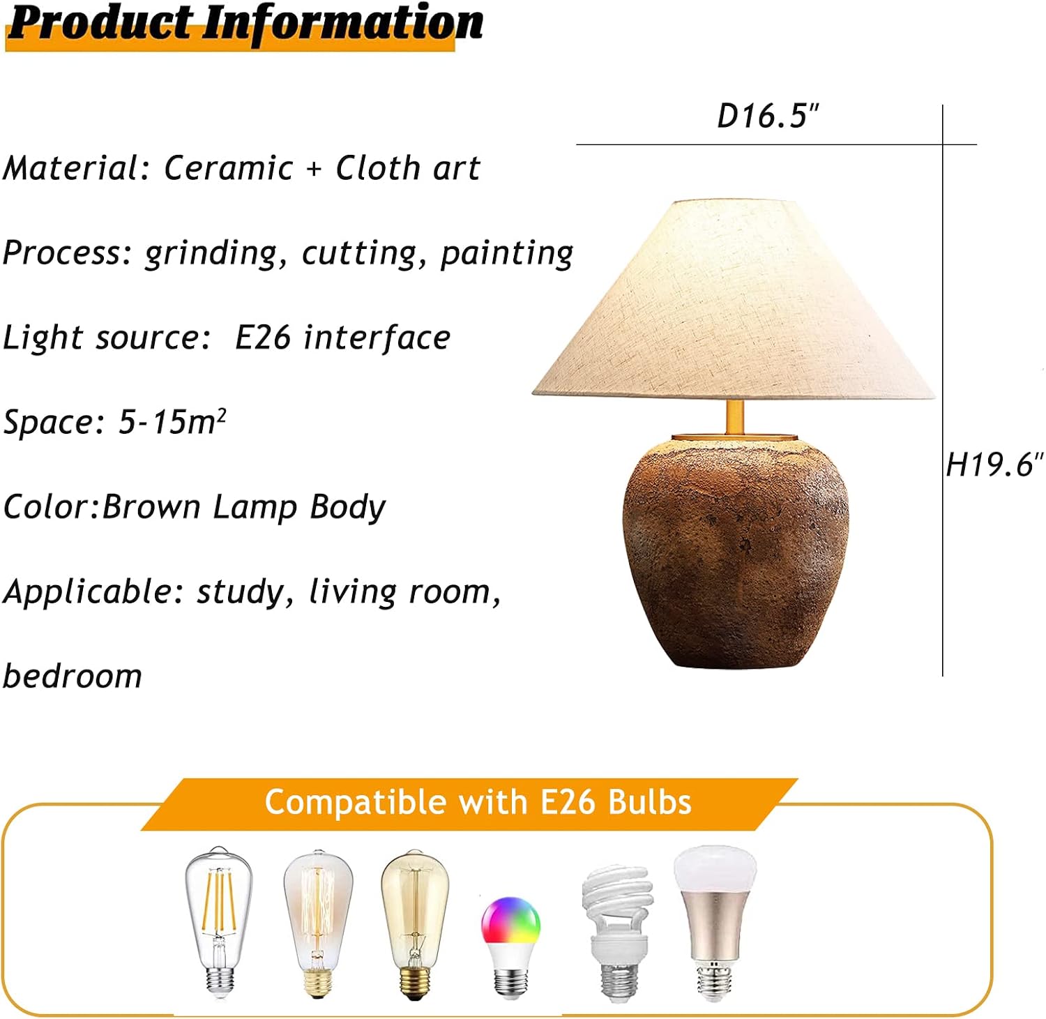Rustic Farmhouse Clay Pot Table Vintage Distressed Ceramic Table Lamp with White Fabric Lampshade American Southwestern Textured Ceramic Lamp for Living Room Bedroom Office