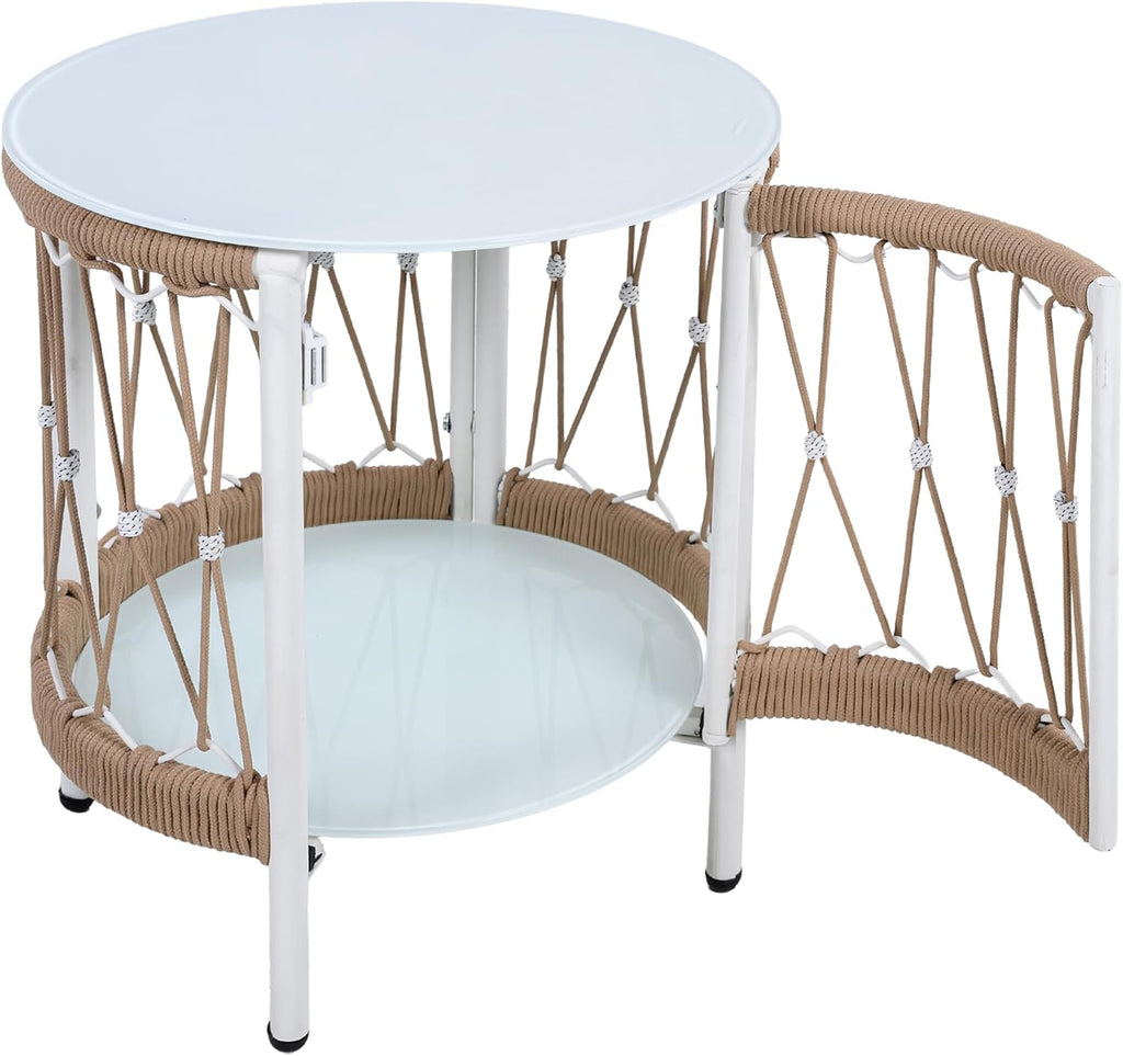 Christopher Knight Home Packy Bohemian Outdoor Side Table with Storage Shelf, Glass Top Small Patio Round Coffee Table, Sofa End Table for Patio Furniture Set with Metal Frame, White+Beige