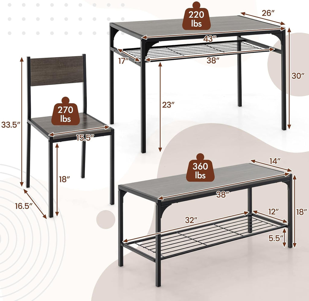 COSTWAY 4 Pieces Dining Table Set, Kitchen Table and 2 Chairs for 4 with Bench, Storage Racks, Metal Frame & Space-saving Design, Industrial Kitchen Table Set for Small Space, Apartment (Black & Grey)
