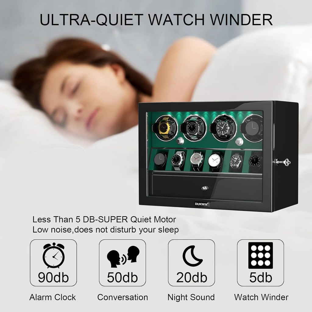 DUKWIN Watch Winder for 4/6/8 Automatic Watches, Lockable Winders with Watch Holders and Jewelry Storage, Super Quiet Motor with High-Gloss Finish, Built-in Illumination