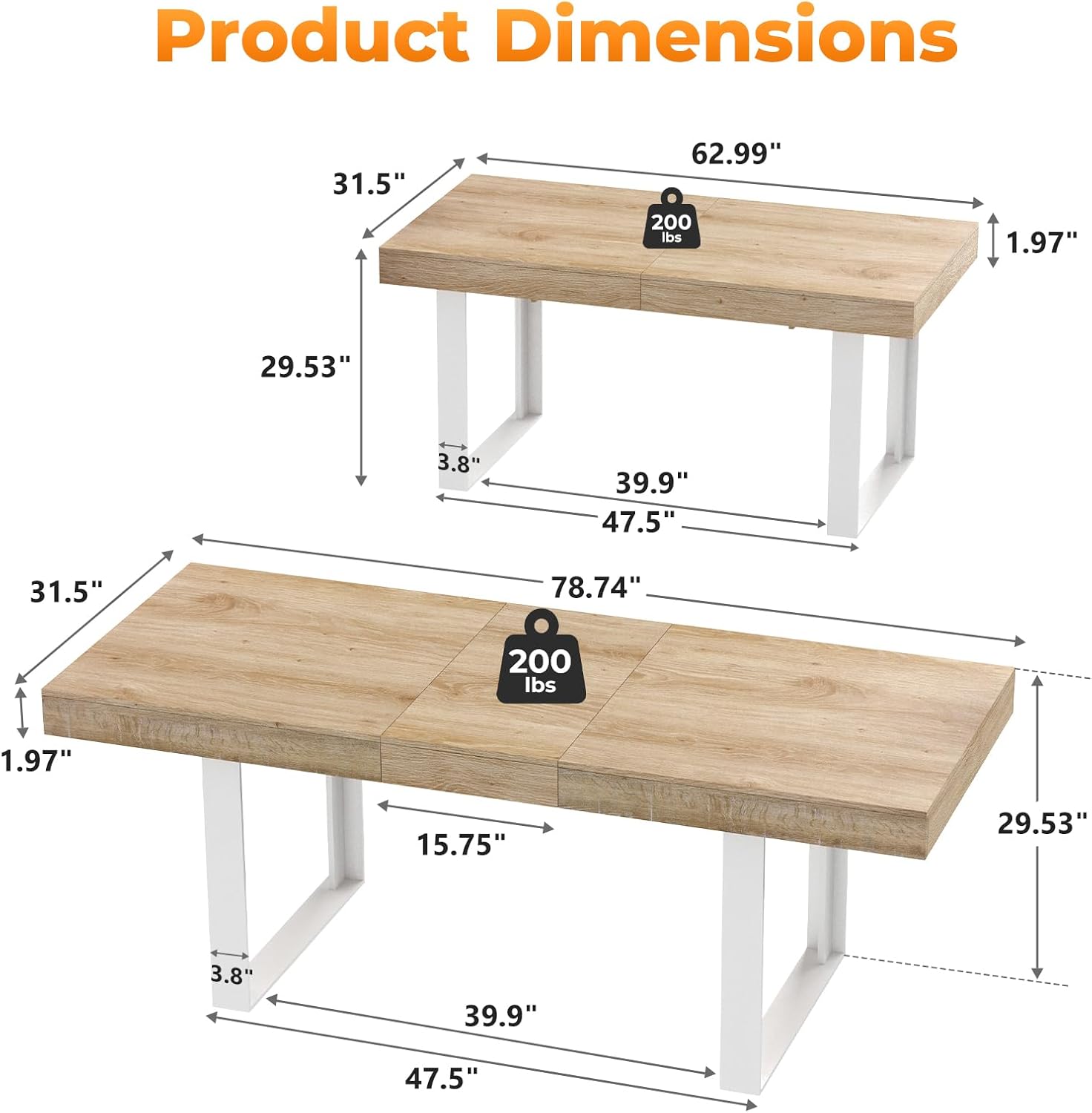 Zevemomo 63'-78.7' Expandable Dining Table, 6-10 Extendable Dining Table, Rectangle Conference Table, Farmhouse Kitchen Table with Slide Track, Tapered U-Shaped Wood Legs for Office, Living Room-Oak