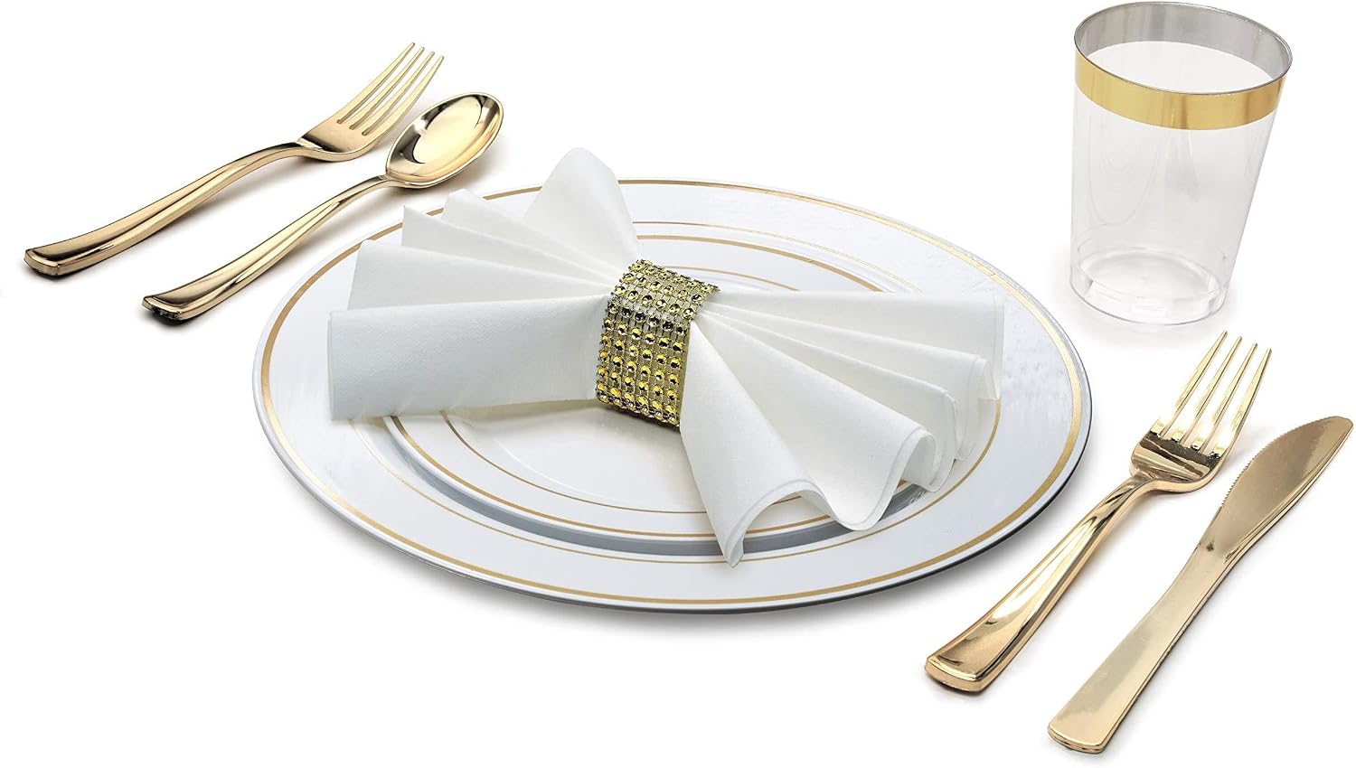 ' OCCASIONS ' 360 pcs/40 Guest- Full Tableware Set-Wedding Disposable Plastic Plates Silverware, Gold Rimmed Tumblers & Linen Feel Napkins w/napkin Rings (Combo C, White & Gold Rim)