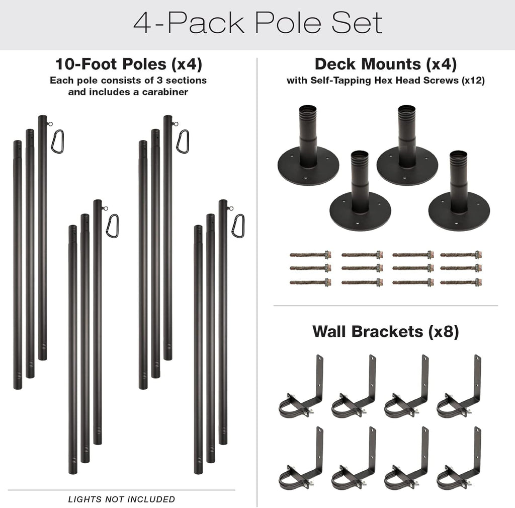 Premium String Light Poles - 4 Pack - Extends to 10 Feet – Deck Mount (Wood/Concrete)