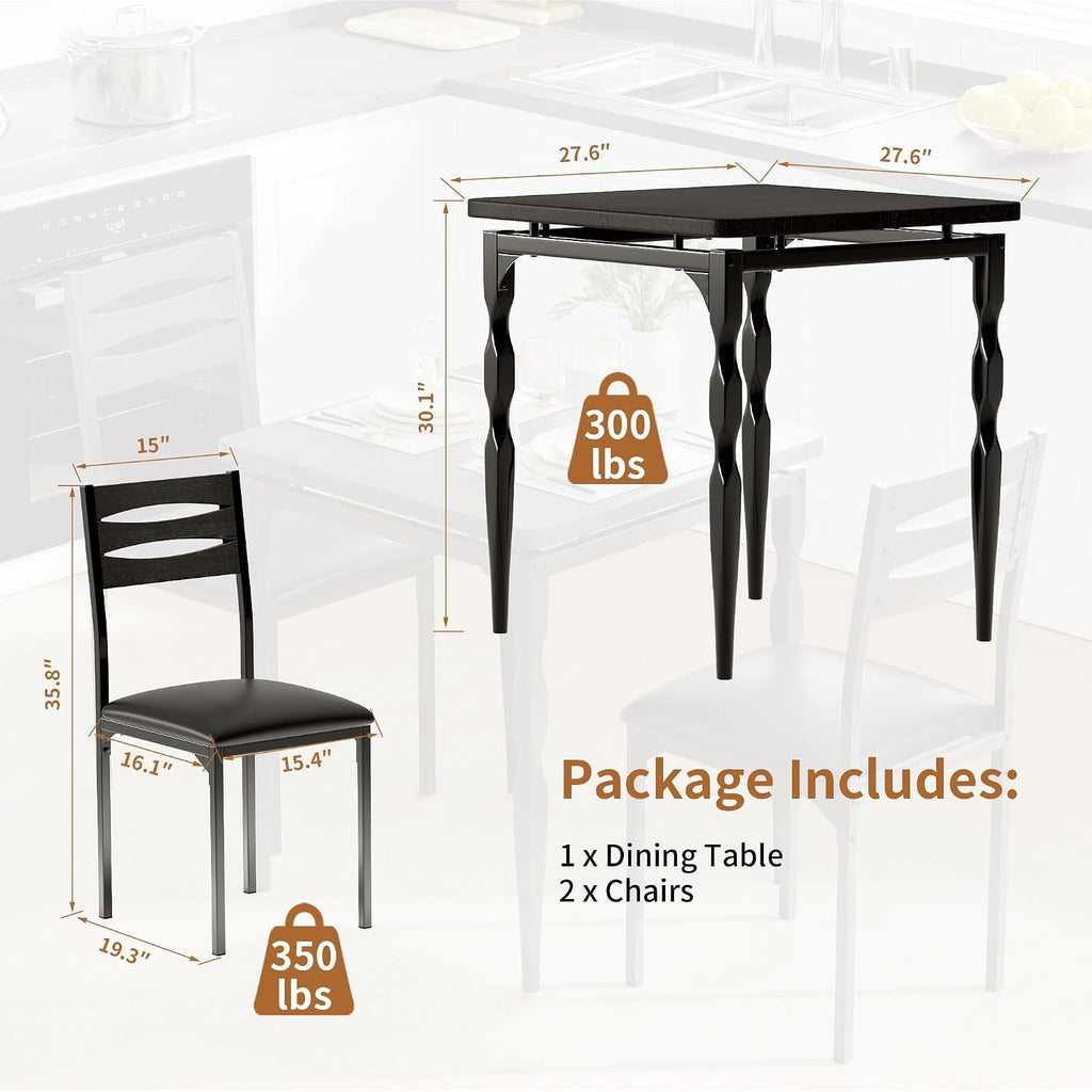Garvee 3 Piece Dining Table Set, Farmhouse Style Dining Table and Chairs Set for 2, Dining Set for Dining Room Kitchen Apartment, Black