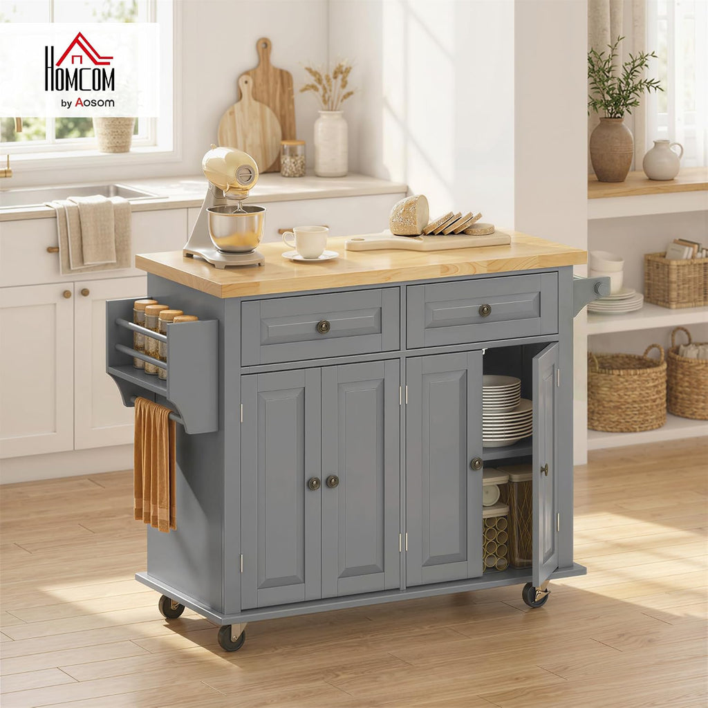HOMCOM Kitchen Island Cart with Rubber Wood Top, Rolling Kitchen Island Table on Wheels with Drawers, Adjustable Shelves, Spice Rack and Towel Rack for Dining Room, Gray