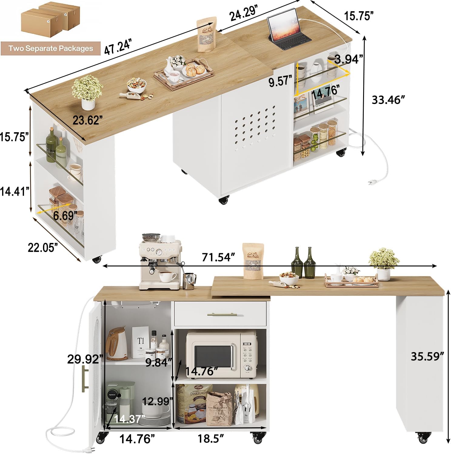 HSH Kitchen Island with 360° Swivel Table & Power Outlet, Rolling Kitchen Island Cart with Storage & Seating, Mobile Wood Kitchen Island Table with Cabinet, Drawers & Shelves on Wheels, Light Oak