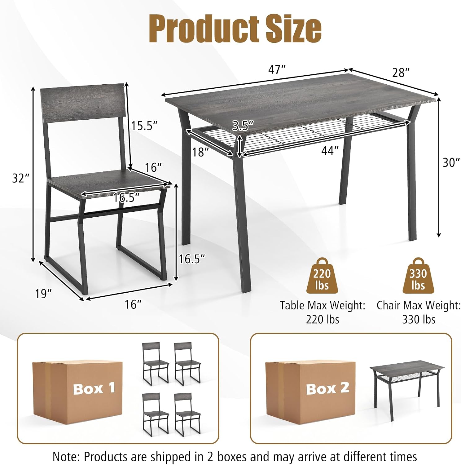 Giantex Dining Table Set for 4, 47'L x 28'W Rectangular Kitchen Table w/ 4 Trapezoid Chairs, Reinforced Metal Frame & Storage Rack, Industrial Space-Saving Dinette Set for Kitchen Dining Room (Grey)