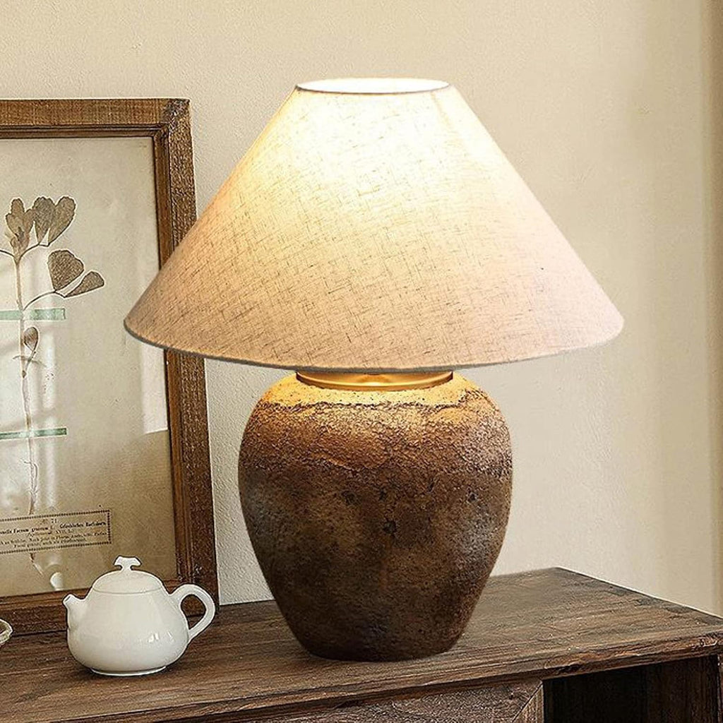 Rustic Farmhouse Clay Pot Table Lamps 19.6' Tall Ceramic Table Lamp, American Southwestern Textured Ceramic Lamp Body with White Textured Shade Bedside Table Lamp for Living Room Bedroom Office